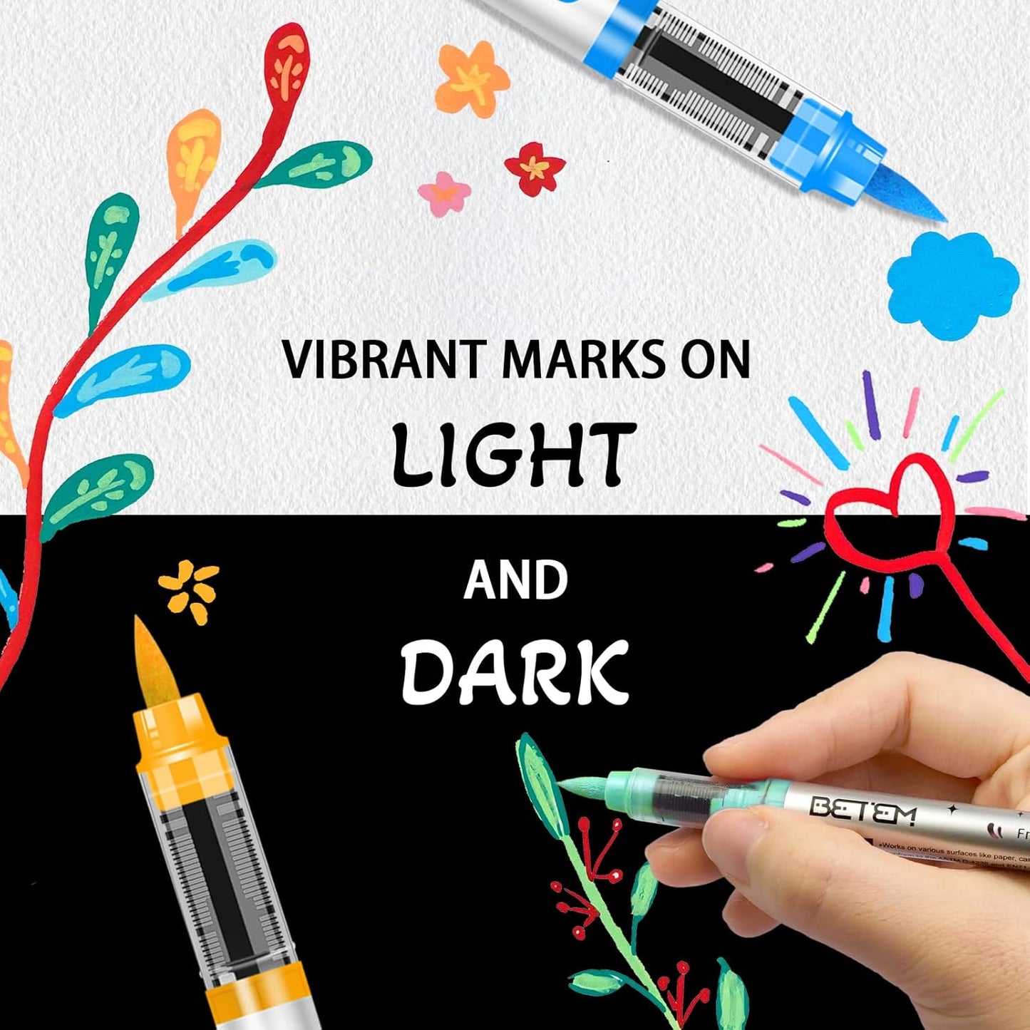 Betem Paint Markers Acrylic Paint Pens, 24 Colors Brush Tip Water Based Markers with Direct Ink System, Permanent Marker Colored Pens, Art Supplies for Rock Painting, Wood, Fabric, DIY Crafts Gift