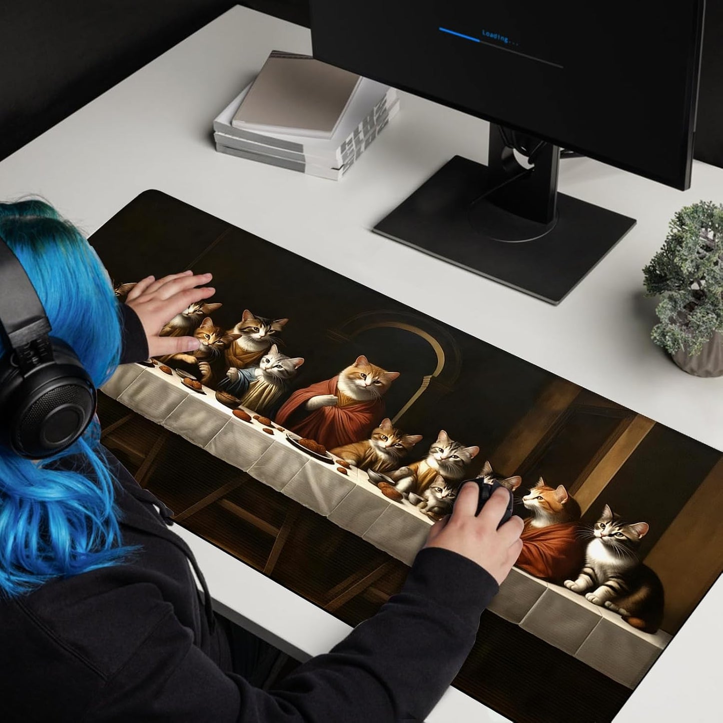 Artistic Cat Last Supper Mouse Pad, Adorable Cats in Religious Scenario Mousepad - Large Non-Slip Desk Mat for Office, PC, Laptop - 35.5"x15.7" x 3mm