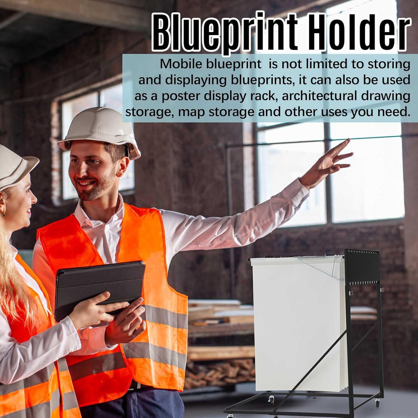 Estune Mobile Blueprint Holder Rack, Adjustable Mobile Blueprint Holder with 6 24 In Hanging Clamps 4 Wheels Poster Display Rack Storage Organizer Stand for File Display Plan Office Home(Black)