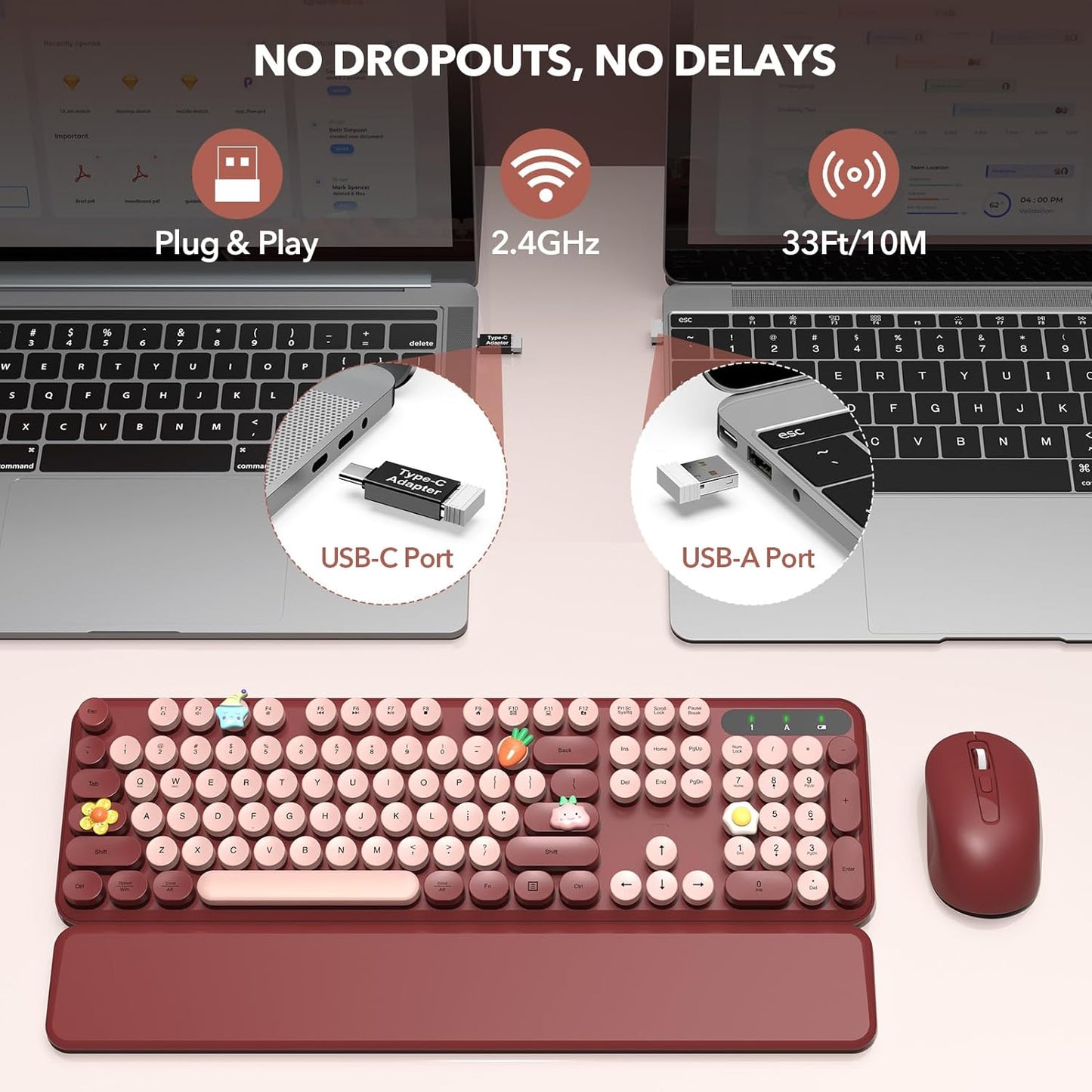 Wireless Keyboard and Mouse Combo - Retro Keyboard with Round Keycaps, Full-Size Typewriter Keyboard with Detachable Wrist Rest, 2.4GHz Connection for Mac/Windows/PC (Wine Red)