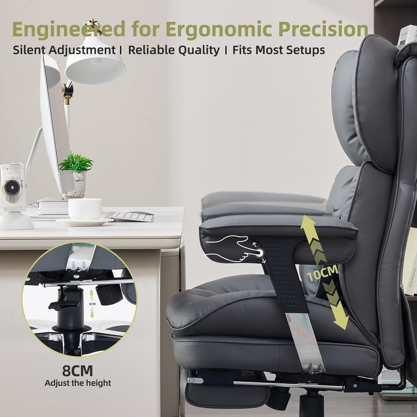 Efomao Big and Tall Office Chair with Footrest – High Back Computer Chair with Adjustable Armrests,Executive Office Chair with Wide Seat, Modern Desk Chair for Home Office, Gaming, or Study, Grey
