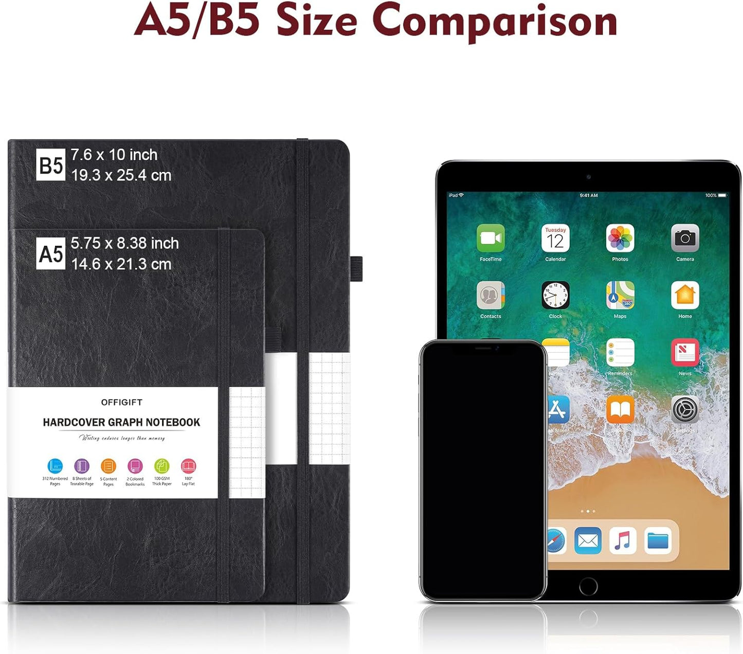 Graph Paper Notebook, 312 Numbered Pages A5 Hardcover Leather Journal, 100gsm No Bleed Grid Paper Notebook with Index Pages, Grid Notebook for Graphing Notes Math, 5.75" x 8.38", Burgundy