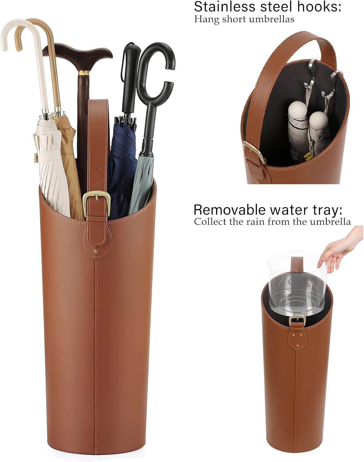 Brown Artificial Leather Tall Umbrella Holer Entryway Indoor for Business Office,22.4 Inch Umbrella Stand Entryway with Removable Water Tray 2 Hooks