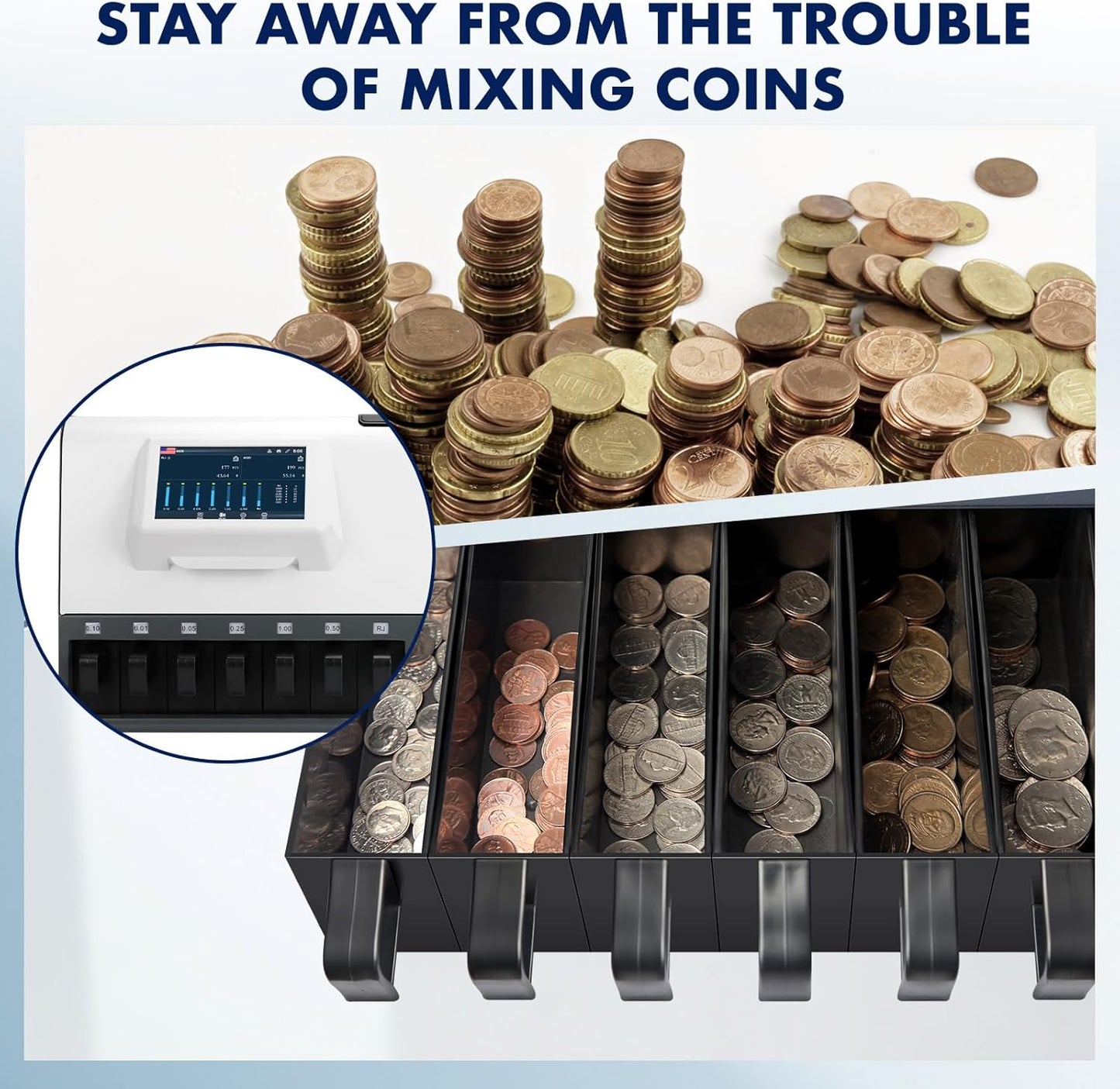 NUCOUN C600 Coin Counter Bank Grade, Heavy Duty 7-Pocket USD Coin Sorter,7-inch Touch Screen,High Speed 610 Coins/min, Printer Enable, Two-Year After Service