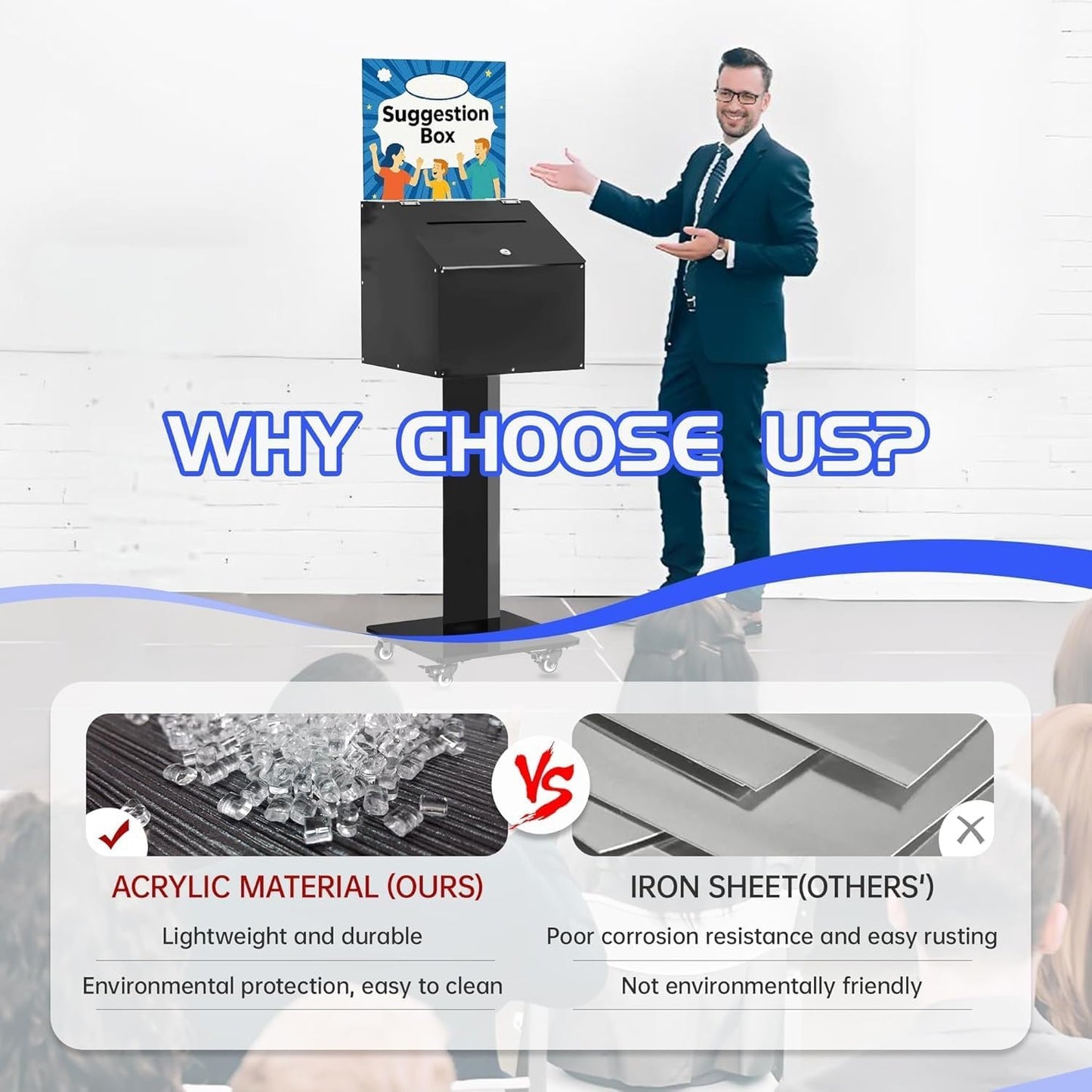 Large-Capacity Acrylic Suggestion Box with Lock & Sign Holder, Floor-Standing Ballot/Donation/Raffle Box on Stand with Wheels, 13.8 in Cube (39.6 in Tall), Black