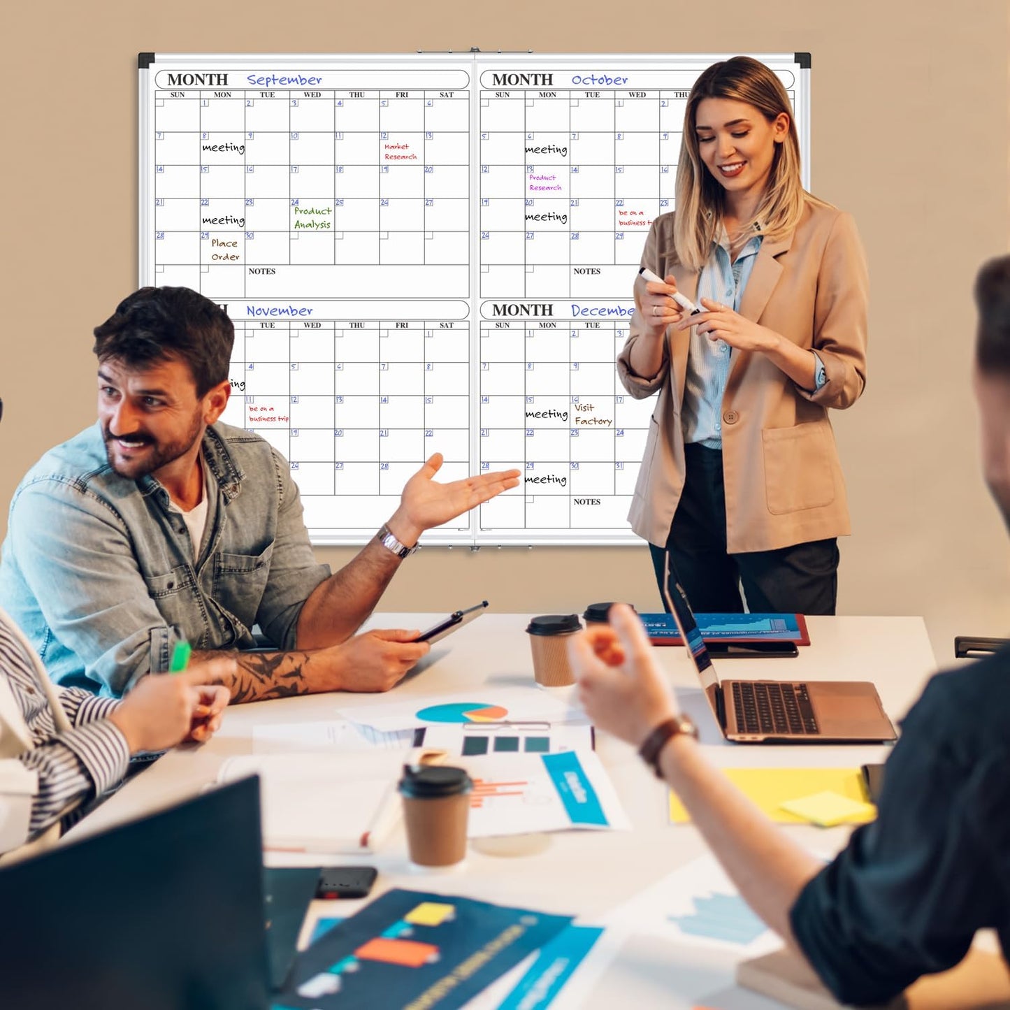 XBoard Magnetic Calendar Whiteboard 48x36 inch, 4 Month Foldable Dry Erase Board Planner, Silver Aluminium Framed White Board Calendar for Home School Office Organization