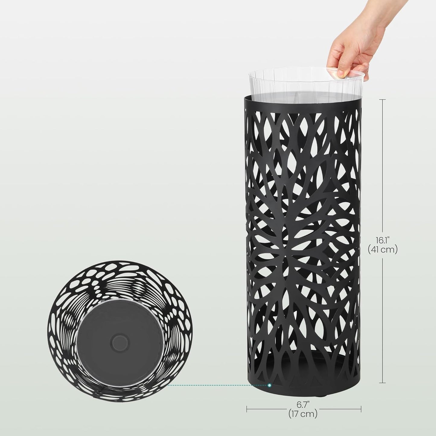 SONGMICS Umbrella Stand, Umbrella Holder for Entryway, Steel Round Umbrella Rack Freestanding, for Canes Walking Sticks, with a Detachable Drip Tray, 2 Long and 2 Short Hooks, Matte Black ULUC022B01