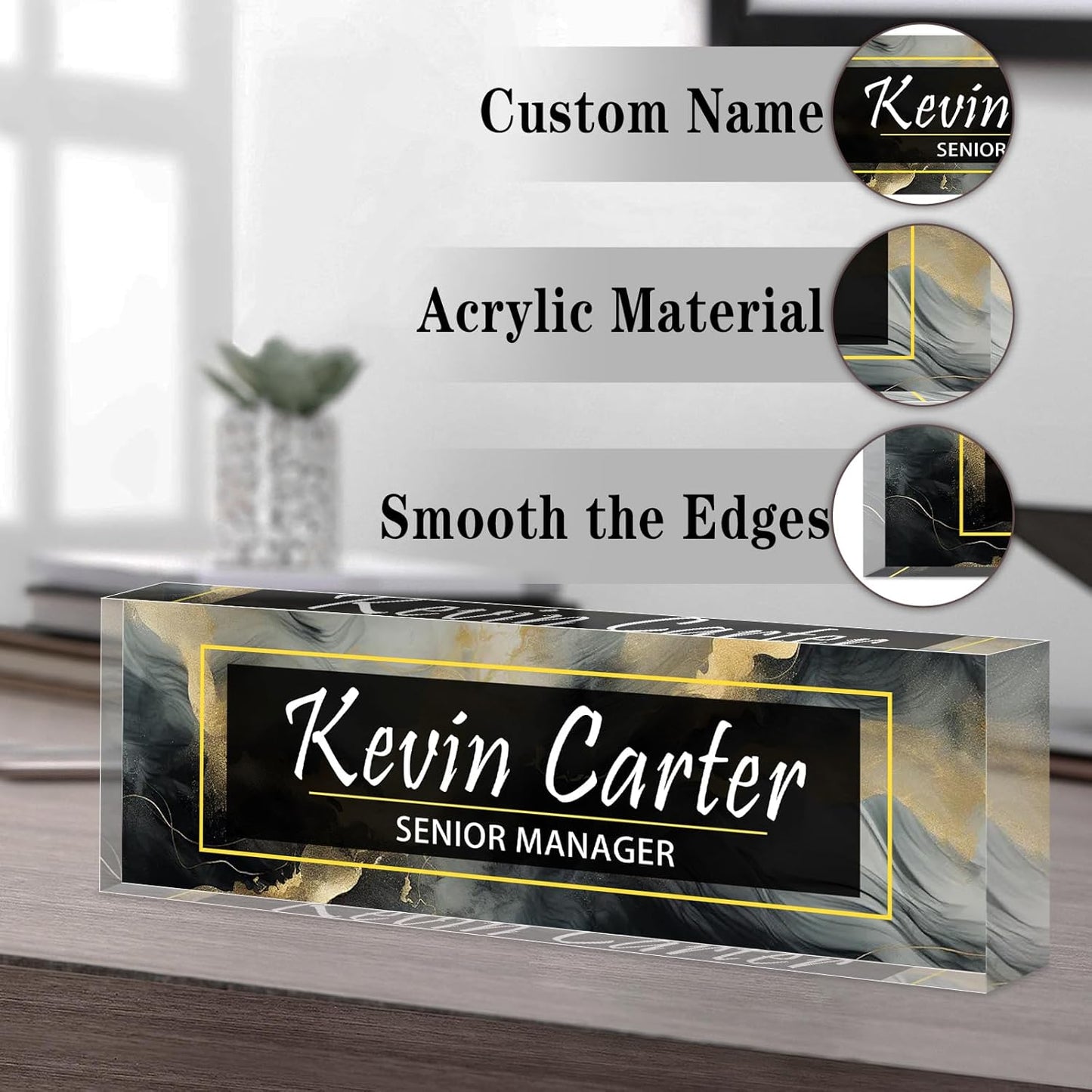 Name Plate for Desk Personalized, Acrylic Desk Decorations, Employee Appreciation Gifts, Custom Office Gifts for Coworkers, Boss, Teacher, Nurse (Black Gold Marble)