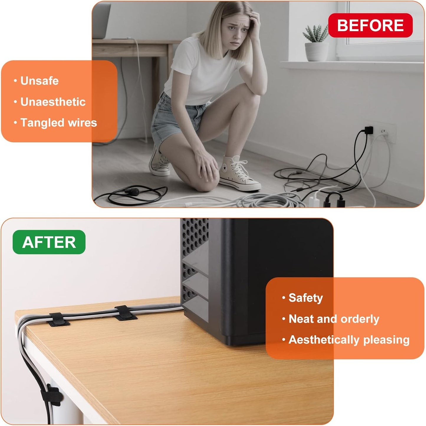 Hook and Loop Cable Ties, Adhesive Cable Clips, Cord Organizer for Appliances,Cable Ties Can Easily Organize Desktop Wires and Network Cables, Many Use in Home, Office, Garage, Outdoor, 50Pcs per Pack