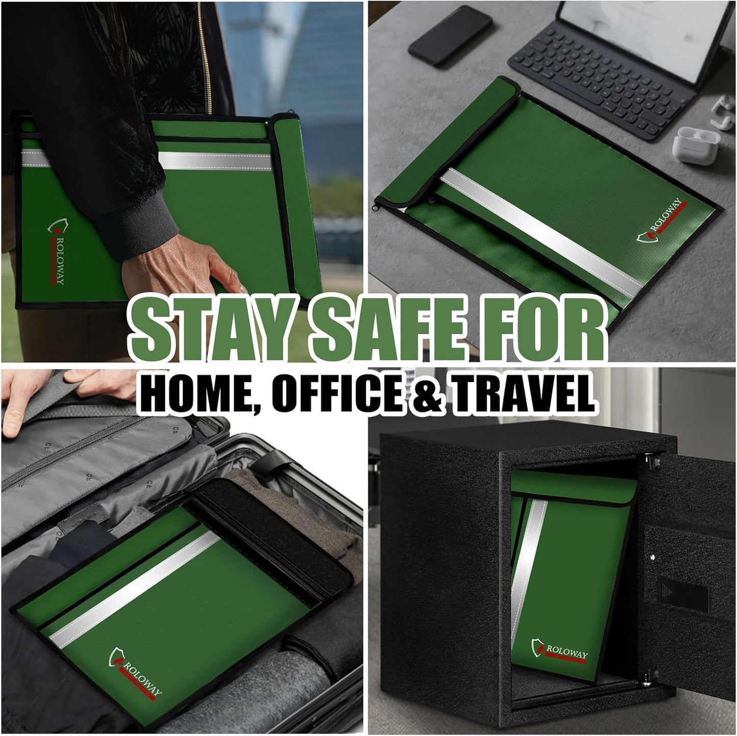 ROLOWAY Fireproof Document Bag (15.5 x 11.5 inch) with 2 Pockets and 5200℉ Aluminum Foil Layer, Fireproof Bag for Document Safe (Green)