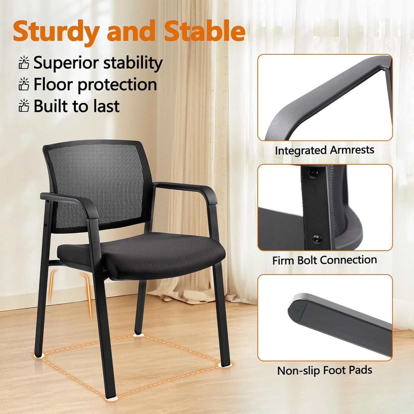 CLATINA Mesh Back Stacking Arm Chairs with Upholstered Fabric Seat and Ergonomic Lumbar Support for Office School Church Guest Reception Black 2 Pack Set