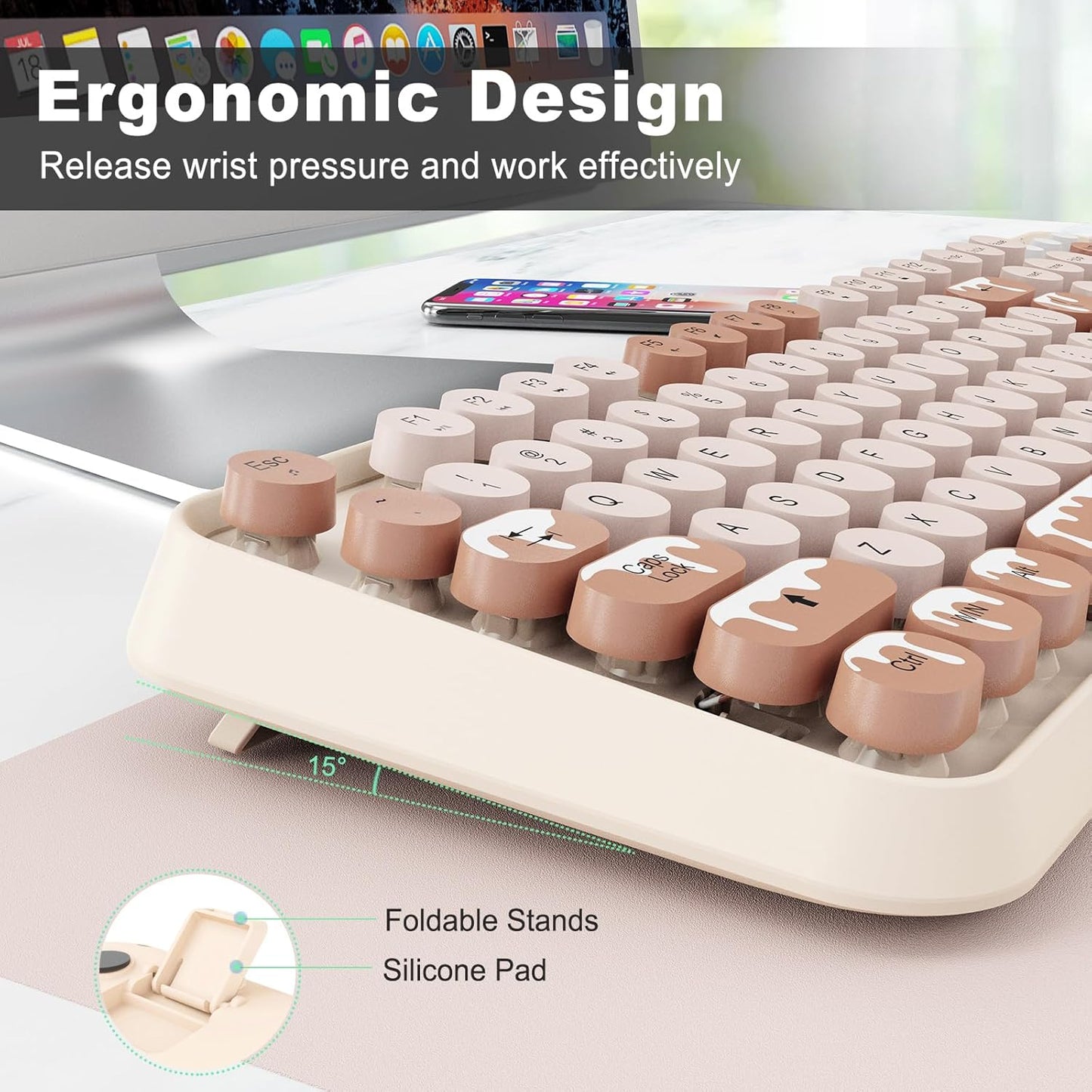 Wireless Keyboard and Mouse Combo, 2.4 GHz Wireless Full-Sized Typewriter Keyboard with Round Keycaps for Windows, Computer, Desktop, PC, Laptop (Ice Cream)