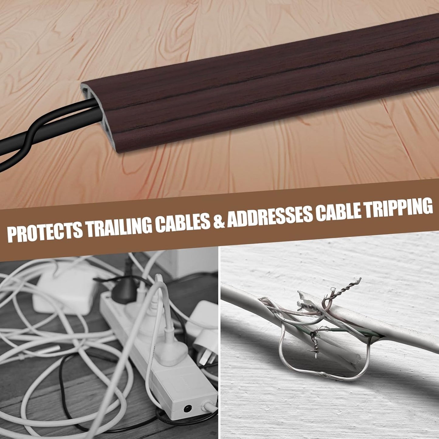 Floor Cord Cover Self Adhesive Cord Hider,3.3FT Cable Management, Extension Strip Protector for Wires, Prevent Cable Trips for Offices, Gyms, Exhibitions Cavity:0.3"(W) x 0.28"(H) Black Wood