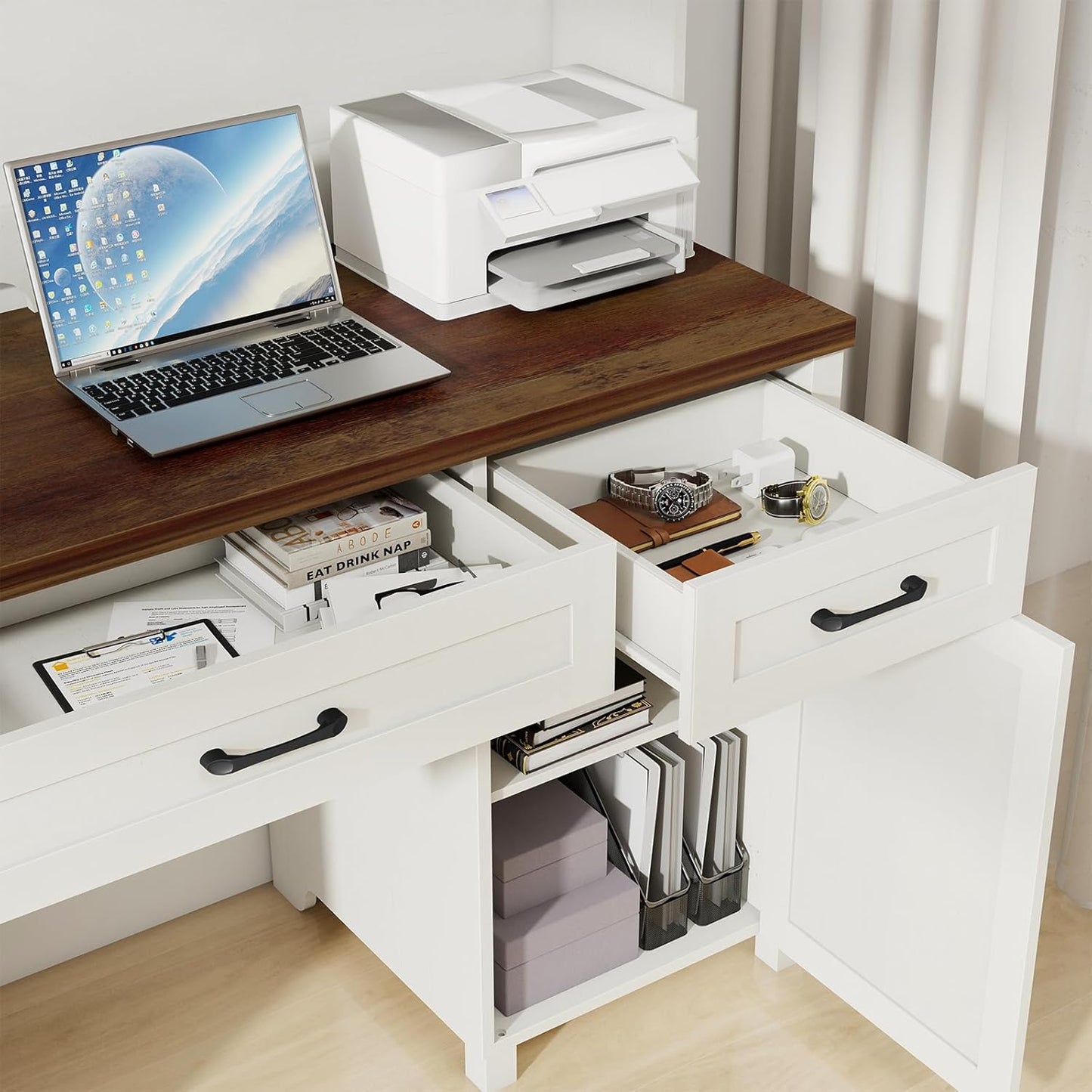 Farmhouse 67" H Executive Desk with Hutch,Office Desk with 5 Drawers, Computer Desks with Storage Cabinet & File Drawers and Charging Station, Workstation for Home Office and Study.(Unique White)