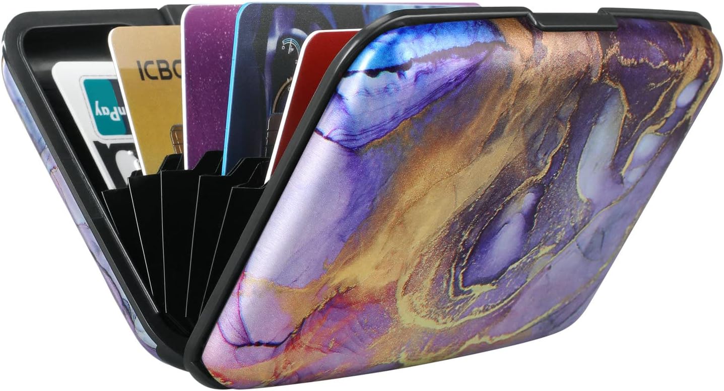 ELFISH Mini RFID Aluminum Wallet Credit Cards Holder Business Card Case Metal ID Case for Men Women(Light Purple Marble