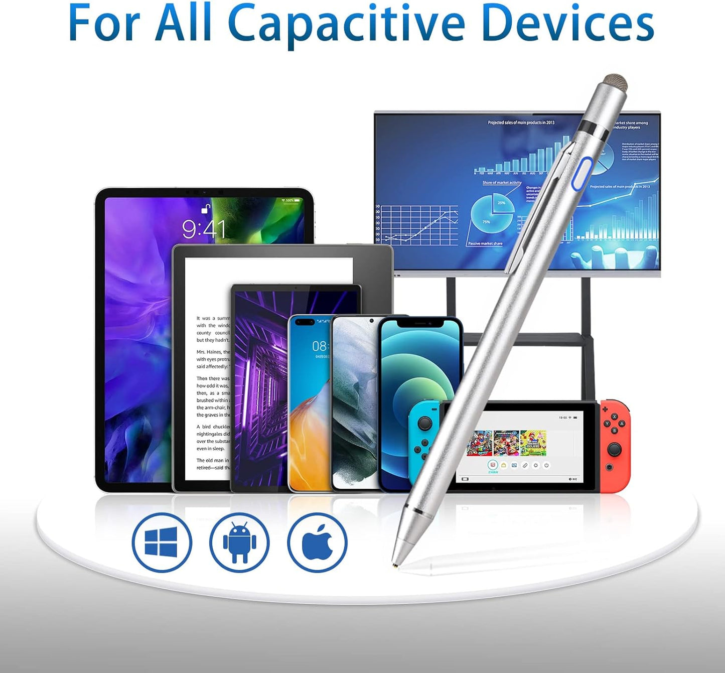 Active Stylus Digital Pen with Ultra Fine Tip Stylus for iPad iPhone Samsung Tablets, Compatible with Apple Pen,Stylus Pen for iPad Pro, Grey