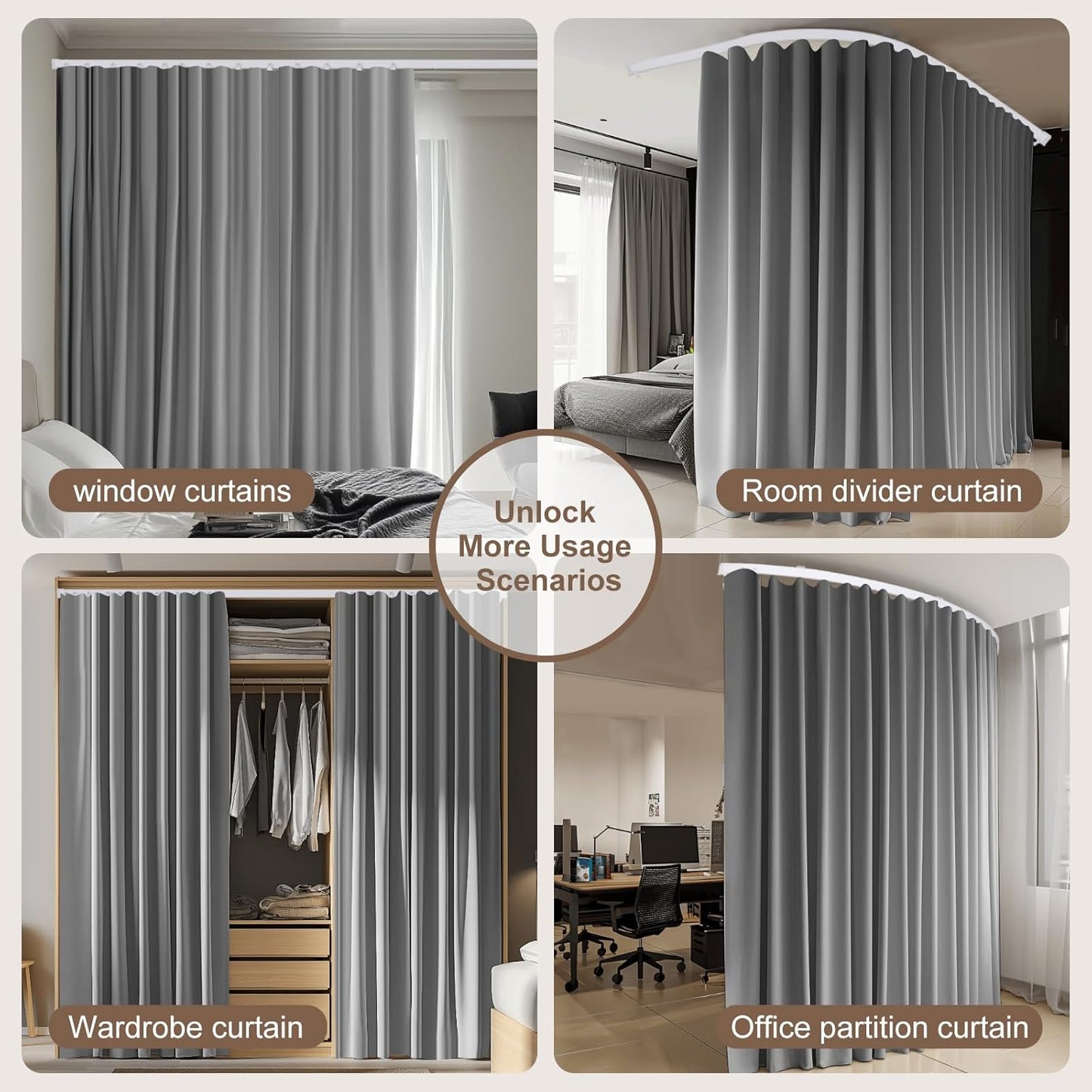 Room Divider Curtains & Flexible Bendable Tracks Set,Privacy Dividers Ceiling Track Curtain Window Blackout Curtains for Living Room Bedroom (W120 × H84 in 1 Panel Grey Drape & White Rail)