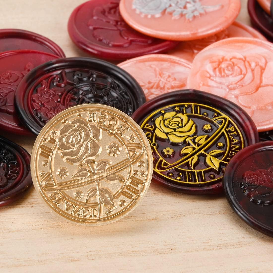 Wax Seal Stamp Kits, 6 pcs Wax Stamp Brass Head & 1 Wooden Handle, 6 Rose Designs