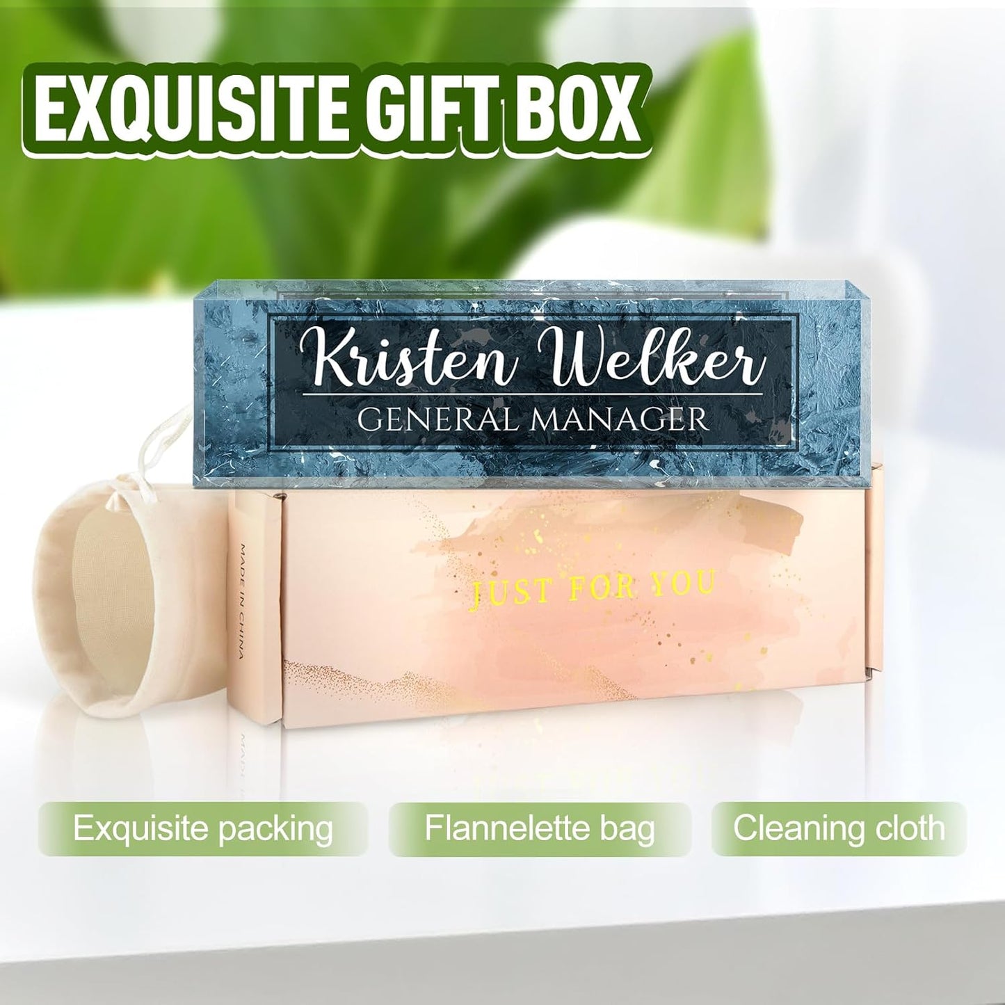 Gowellly Desk Name Plate Personalized - Custom Acrylic Name Plate for Desk - Enterprise Custom Logo/Text nameplates - Employee Appreciation Gifts (ice Blue)