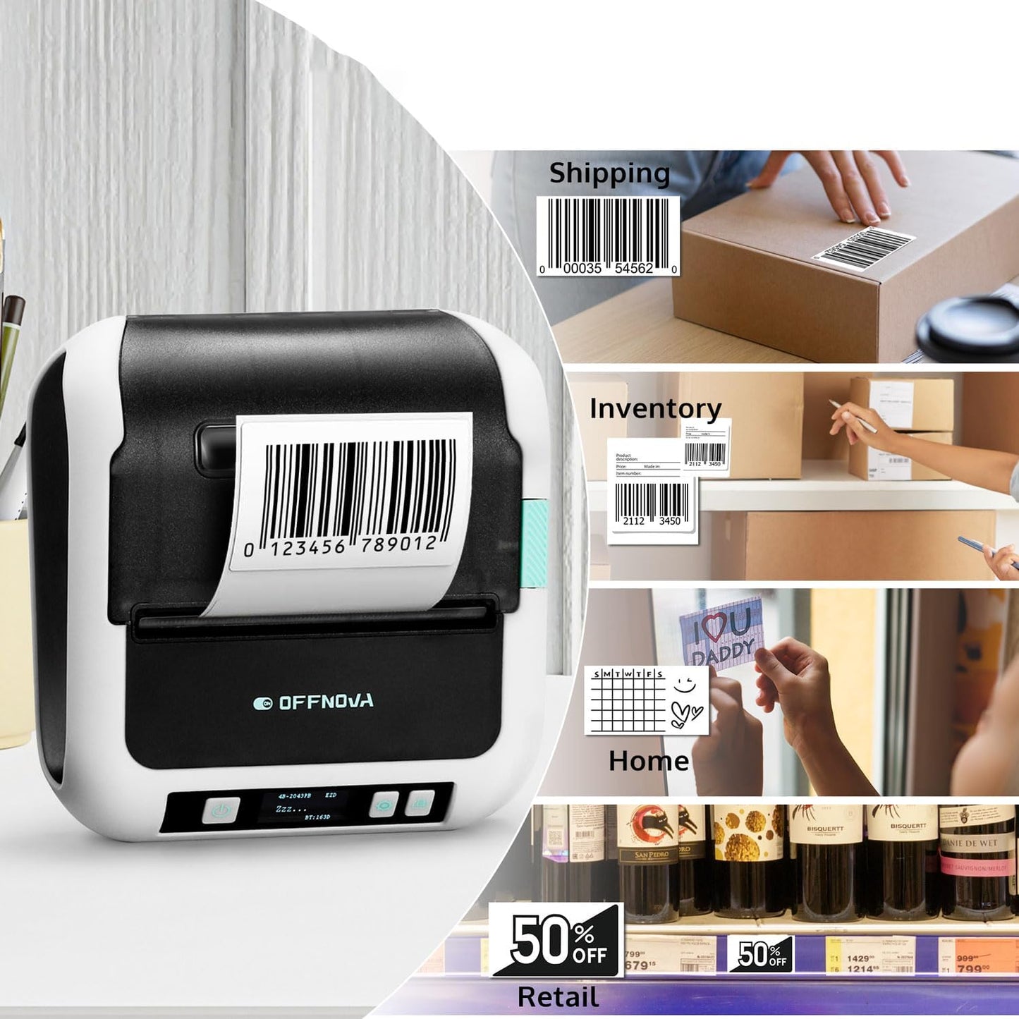 OFFNOVA Label Maker, 3-Inch Barcode Label Printer, Bluetooth Thermal Label Printer for Address, Shipping, Product Tags, Home, School & Office, Sticker Printer for Phones & PC with 1 Tape