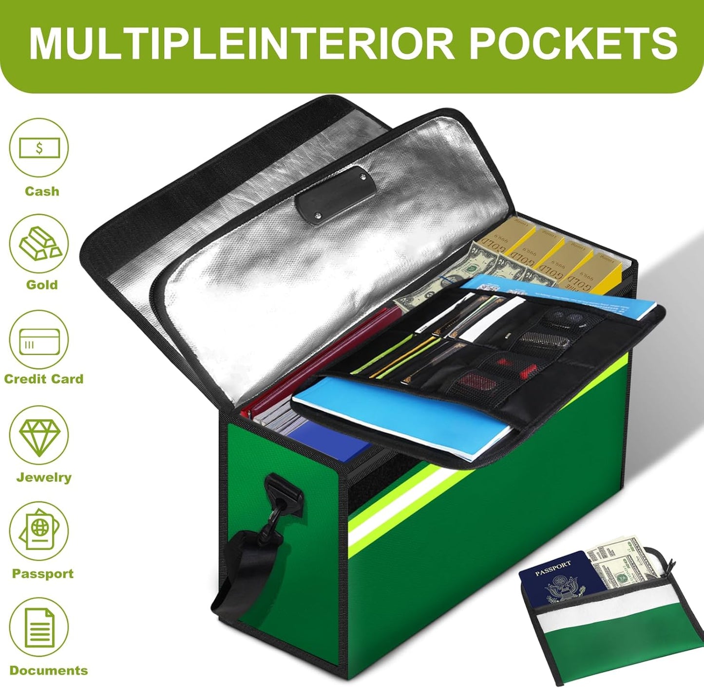 Large Fireproof Money Bags with Lock-6500°F Fireproof Document Box,10 Layers Insulation Materials&Waterproof Zipper,Removable Folder Layers/Wallet,Reflective Strip for Valuables(16.5”x 12.4”x 5.5”)