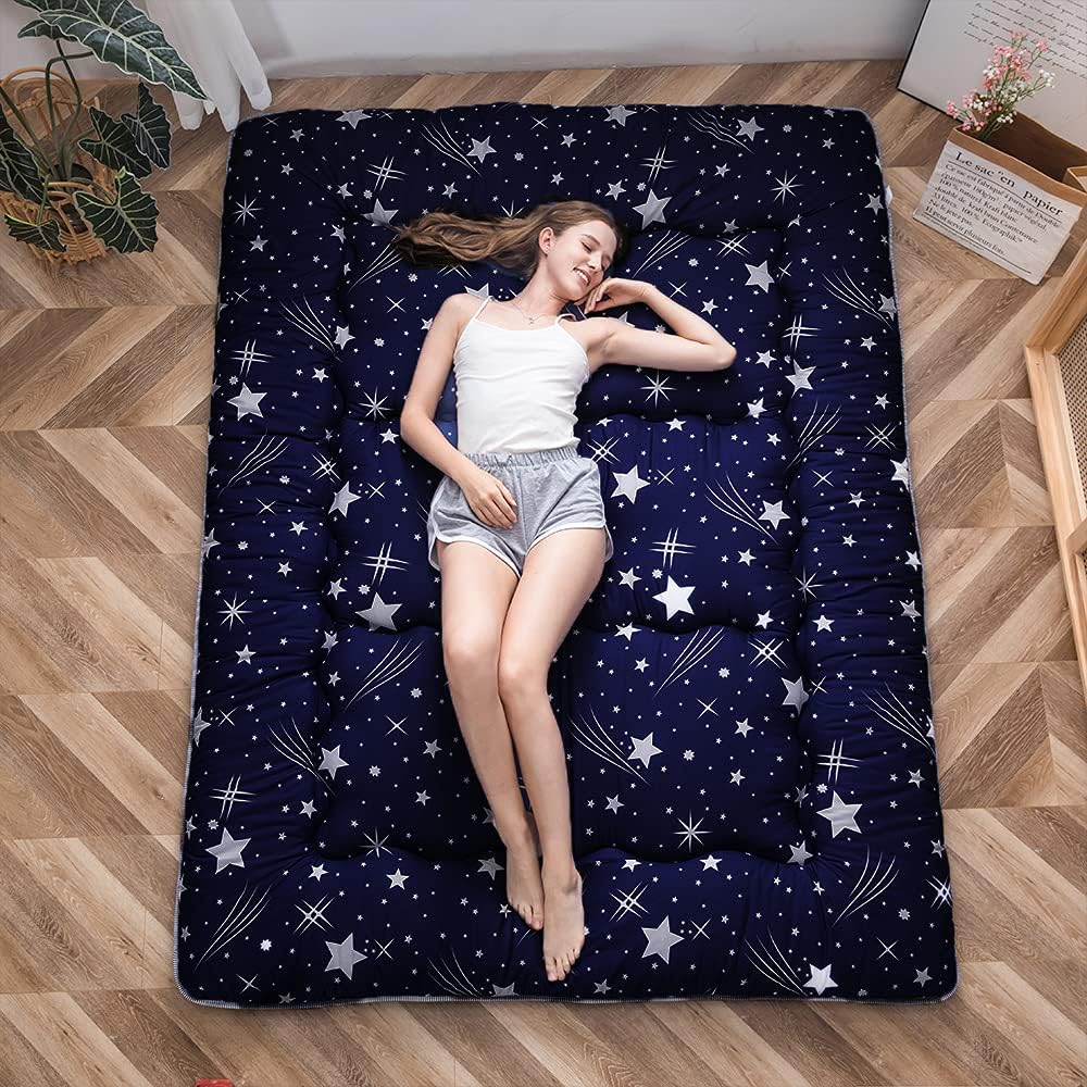 Navy Starry Sky Japanese Floor Futon Mattress, Tatami Mat Portable Camping Mattress Kids Sleeping Pad Foldable Roll Up Floor Lounger Couch Bed, King Size