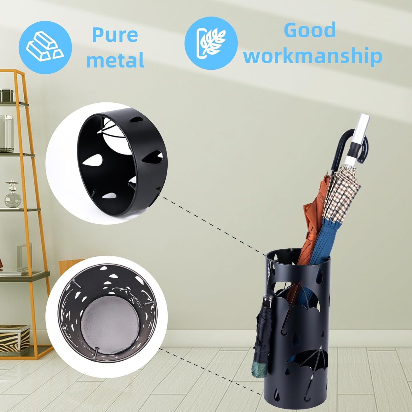 Umbrella Stand Rack for Entryway, Black Round Metal Umbrella Holder, Free Standing Umbrella Organizer Bin with 3 Hooks for Walk Stick, Home Office Indoor, 17 x 7 Inch