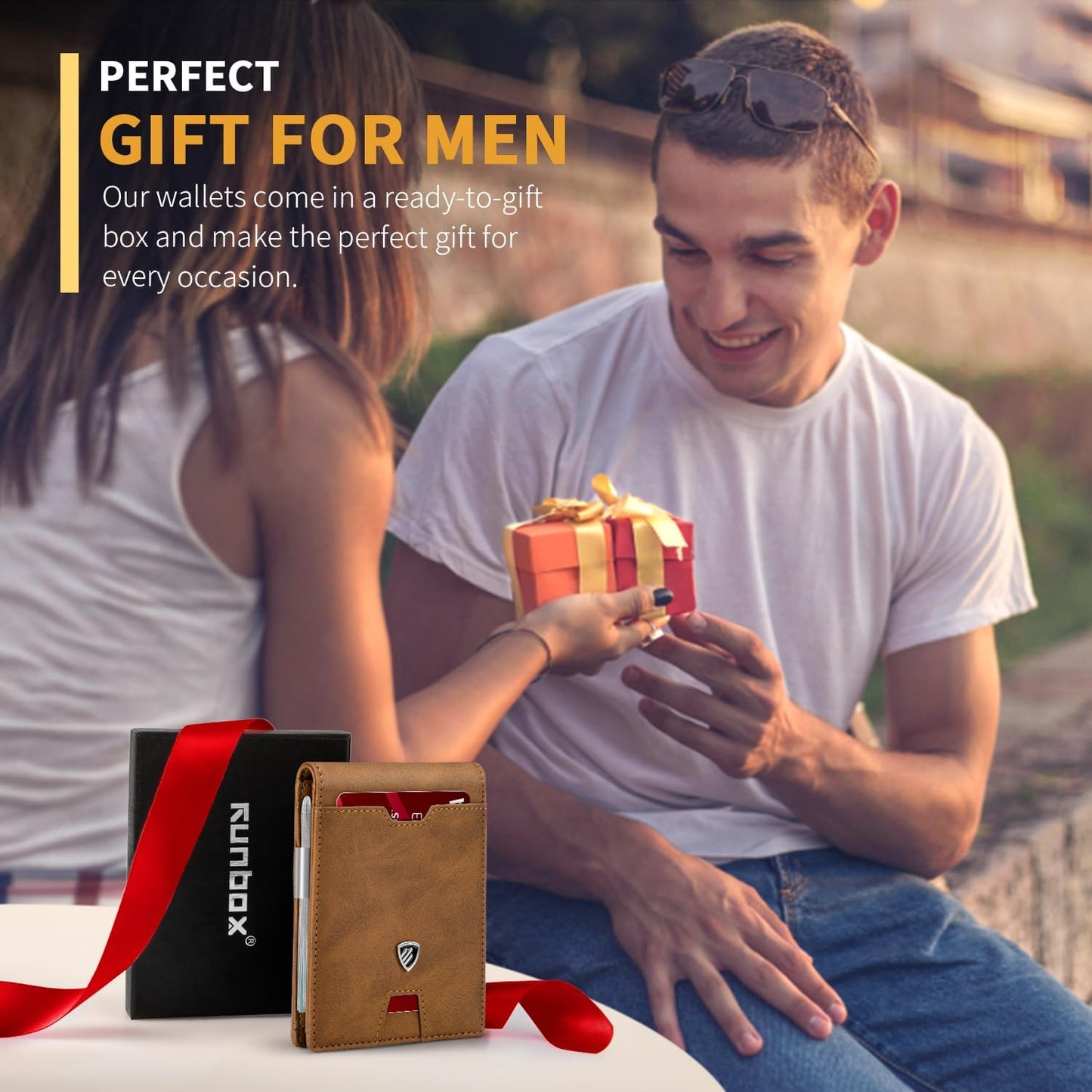 RUNBOX Mens Slim Wallet with Money Clip RFID Blocking Bifold Credit Card Holder for Men with Gift Box