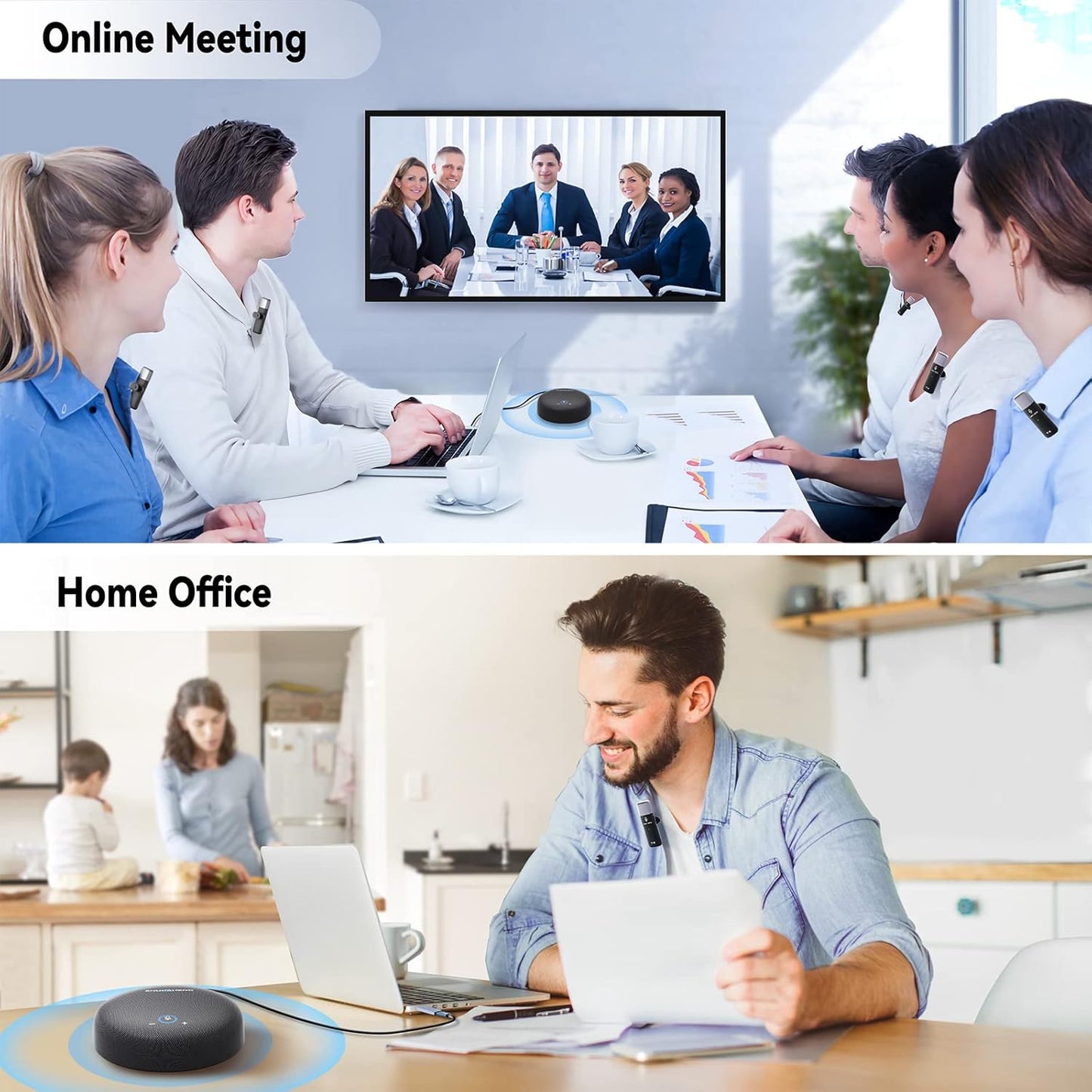 Conference Speaker and Microphone, USB Speakerphone with 10 Mics, 360° Pickup&Noise Reduction, Portable Conference Room Omnidirectional Microphone for 10 Compatible with Leading Platforms