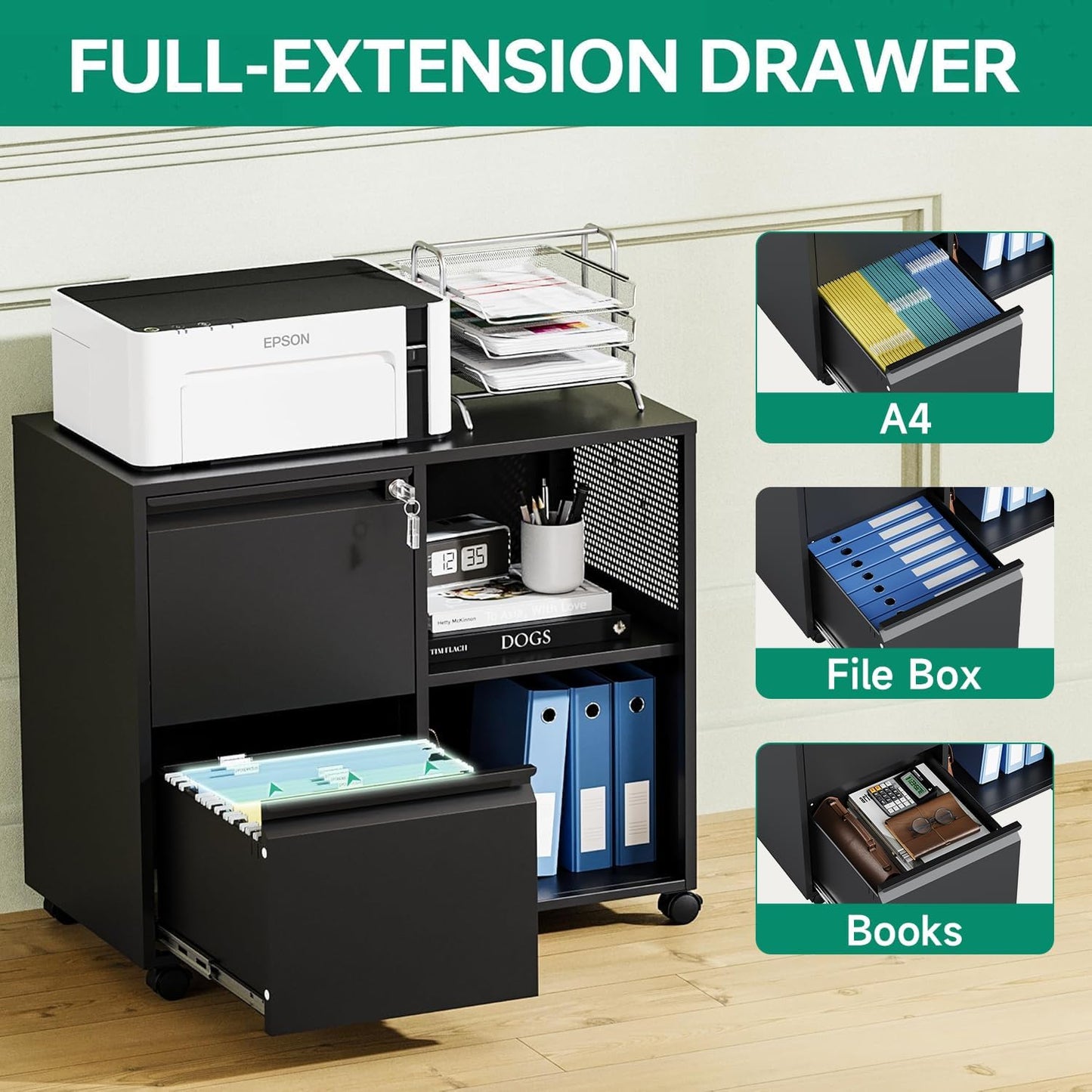 Letaya Mobile File Cabinet, Metal Lateral Rolling Printer Stand Filing Cabinets with Shelves for Home Office-Storage A4/F4/Letter (Black)