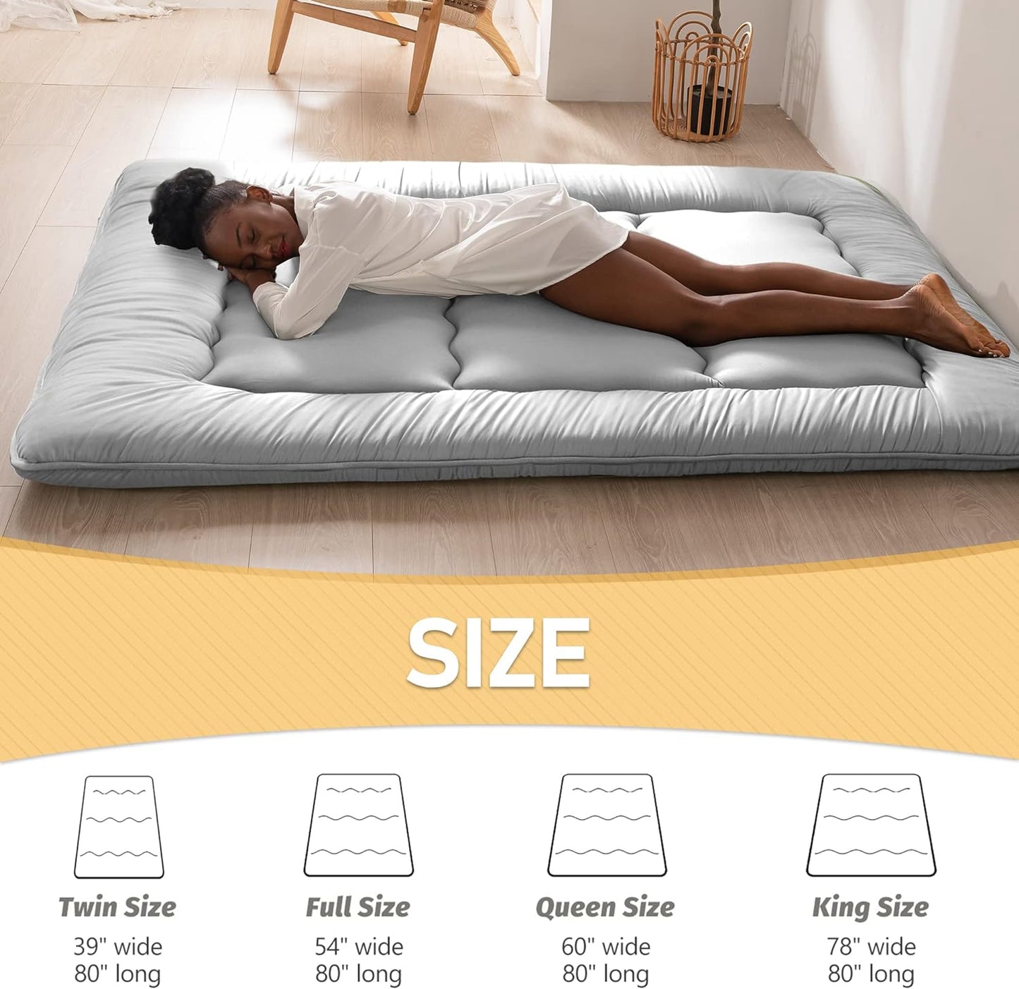 MAXYOYO Japanese Floor Mattress Futon Mattress, Thicken Tatami Mat Sleeping Pad Foldable Roll Up Mattress Boys Girls Dormitory Mattress Pad Kids Floor Lounger Bed Couches and Sofas, Grey, King