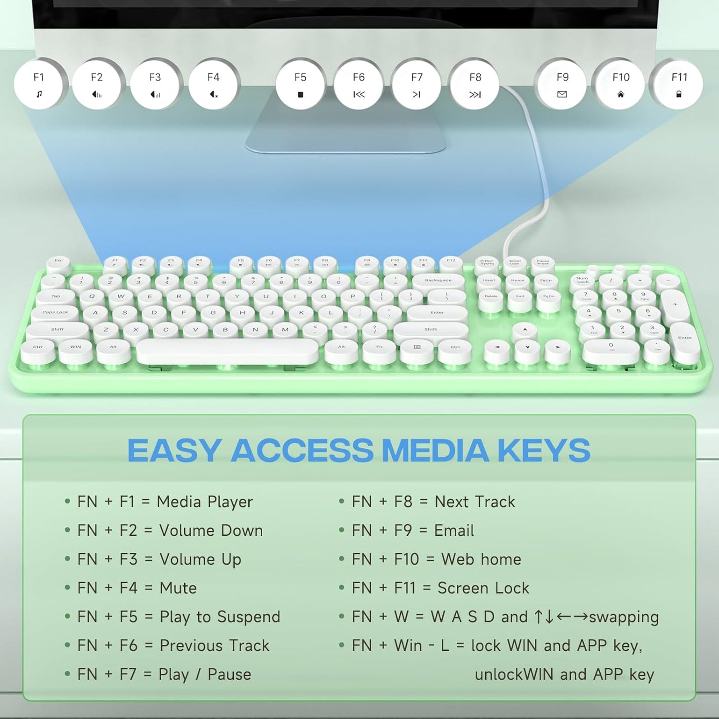 Computer Keyboard Wired, Plug Play USB Keyboard with Large Number Pad, Caps Indicators, Foldable Stands, Full Size Keyboard for Windows PC Laptop (Green-White)