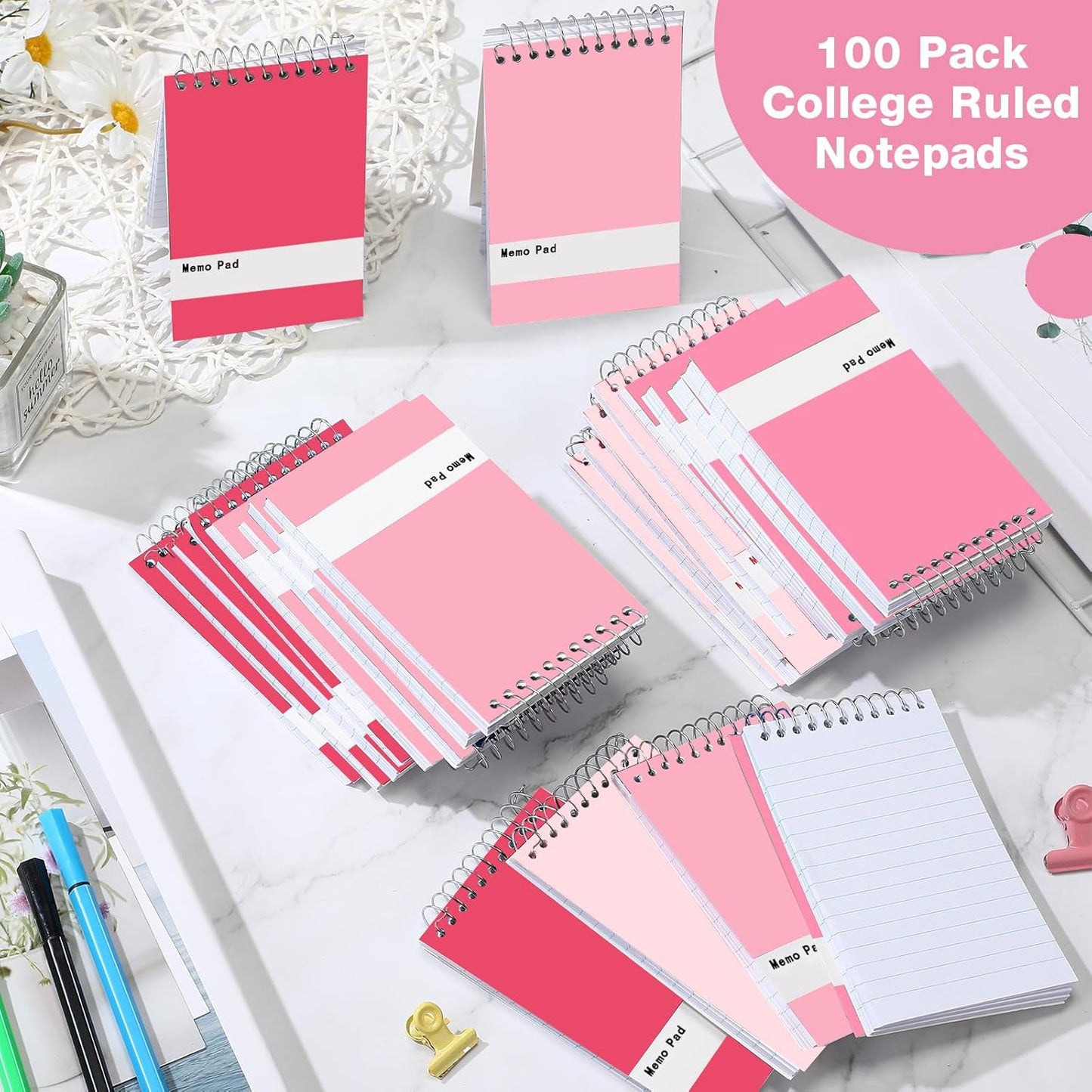 Thenshop 100 Pads Spiral Memo Pads Bulk 3 x 5 Inch Small Pocket Notepad Top Bound Lined 60 Sheets Mini Notebooks for School College Office Home Supplies (Bright Colors)