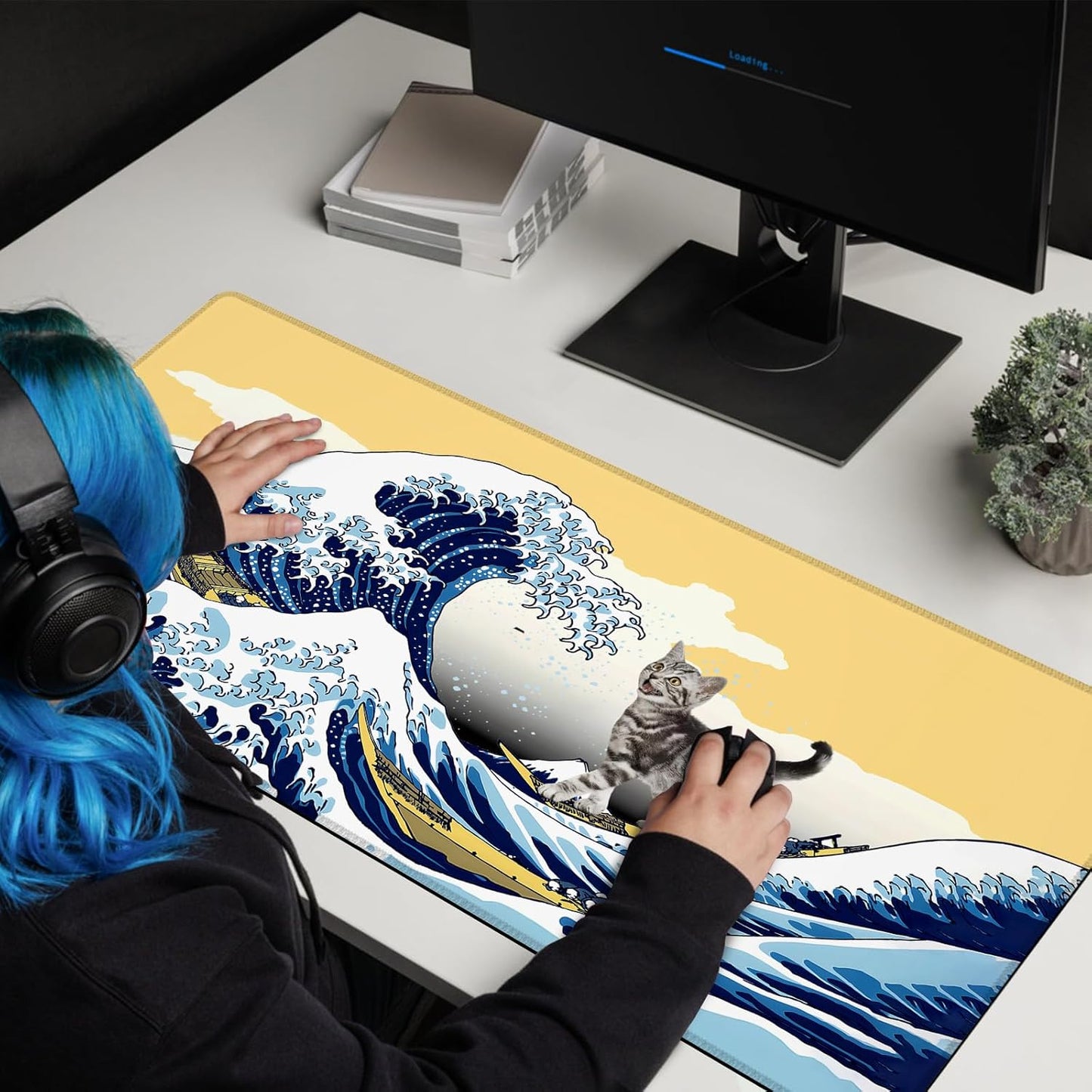 Funny Cat Surfing The Great Wave Off Kanagawa Mouse Pad - Large Non-Slip Desk Mat for Office, PC, Laptop - 35.5"x15.7" x 3mm