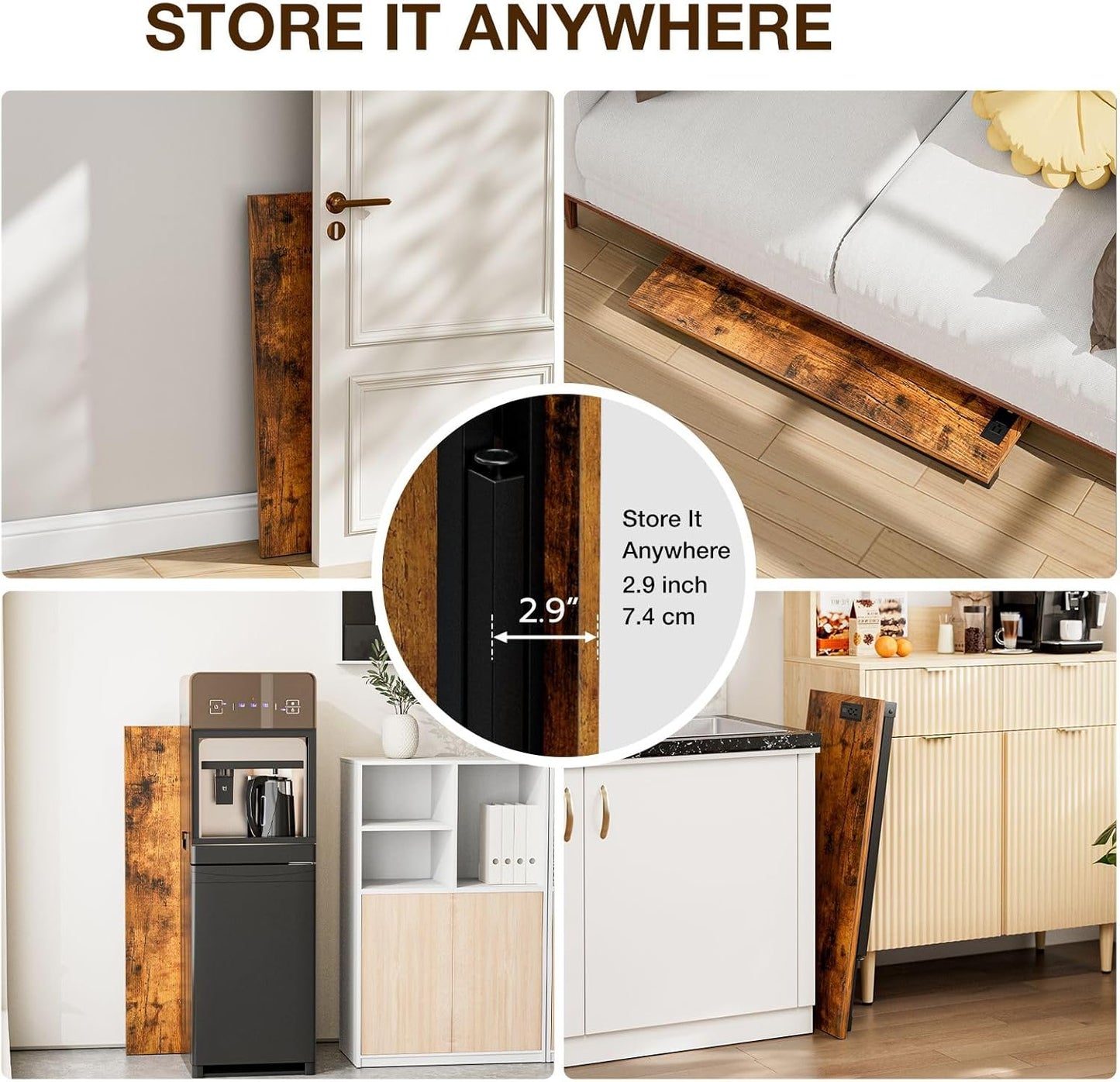 TEMI Small Computer Desk Folding Table - No Assembly, Compact 35.8" Foldable Desk with Power Outlets & USB Charging Port, Portable Small Office Desk, Ideal Mini Study Table for Narrow Spaces, Brown