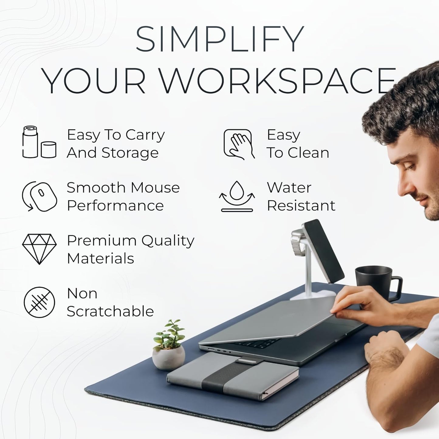 Nordik Felt and Leather Desk Mat Non-Slip - Blue - 35 X 17 Inch - Felt and Vegan Leather Desk Pad - Document Organizers - Desk Blotter and Desktop Mat - Desk Protector Laptop Desk Matt for Desktop