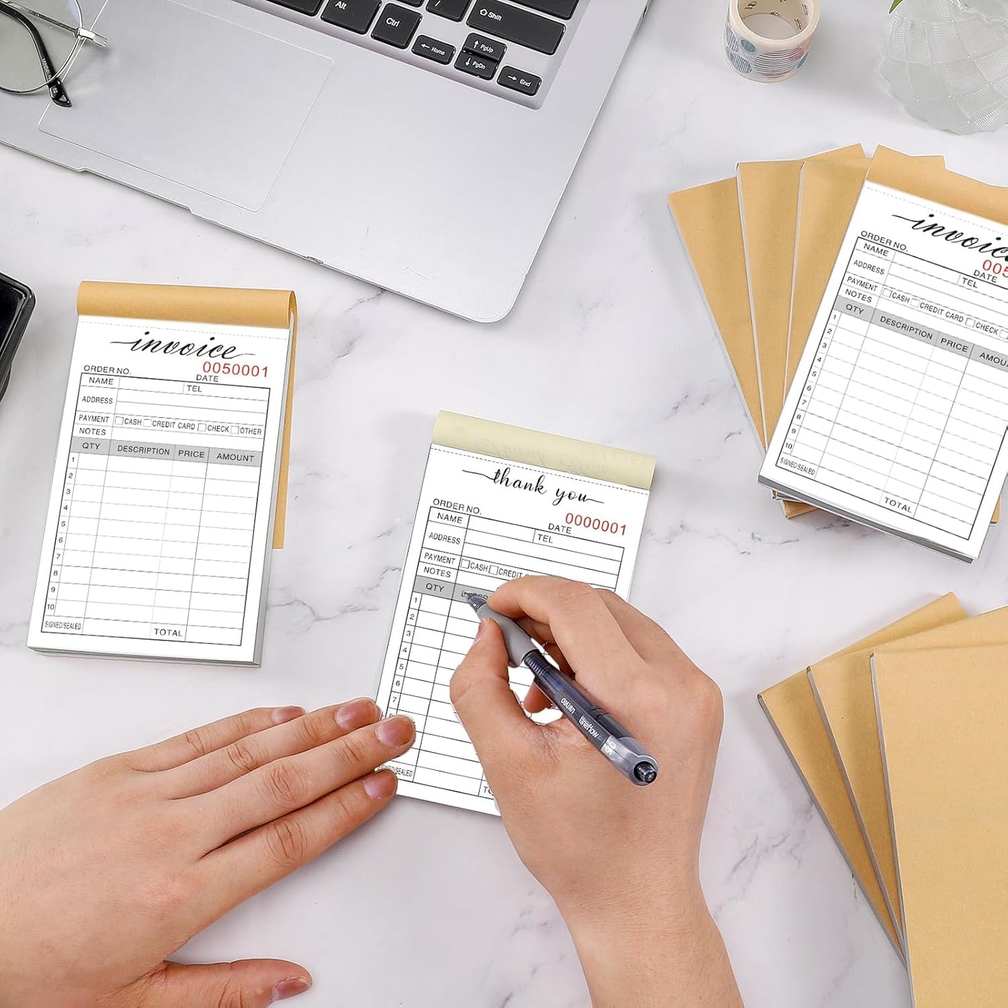 Thank You Receipt Book, 3.4x5.5" Handheld 2-Part Carbonless Sales Invoice Book, Invoice Pad with Cardboard for Small Boutique Business, (50 Sets * 2 Pack)