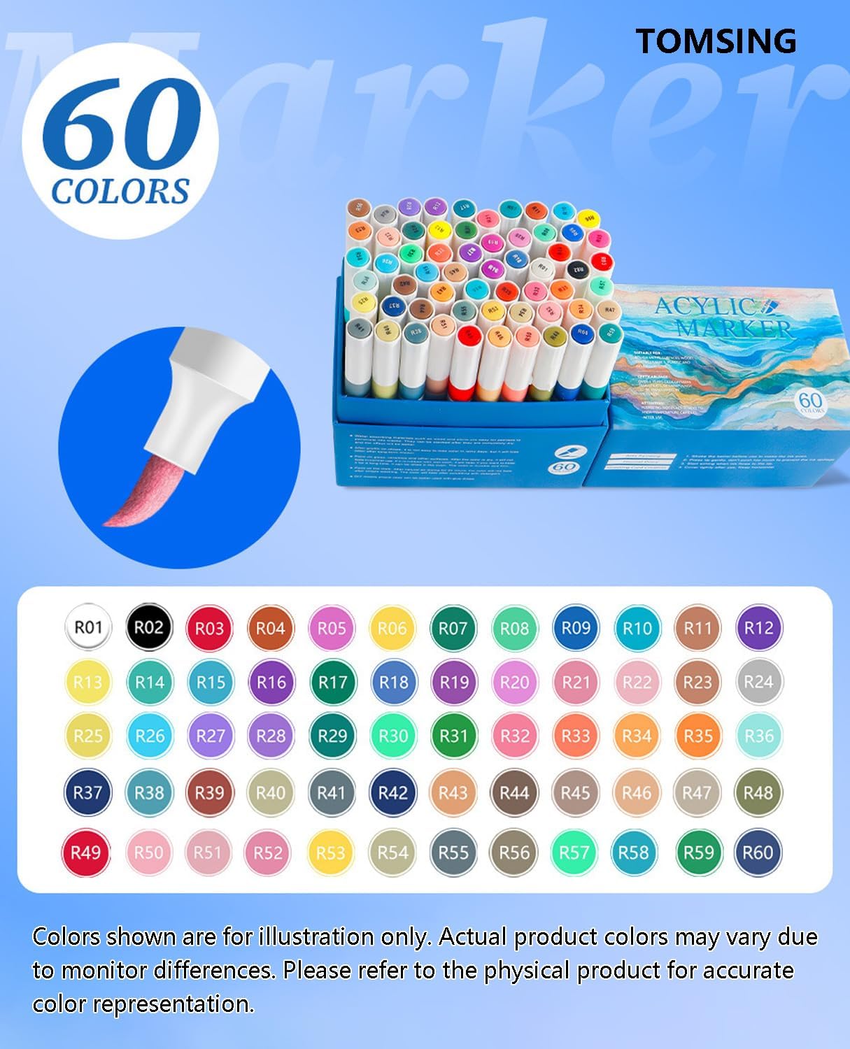 60 Brush Markers Pens,Water-based Ink and Quick-Drying,Painting Supplies Perfect for Plastic Sheets Fabric Bags Ceramics Stone Pottery Wood and Handmade Crafts(60 Colors)