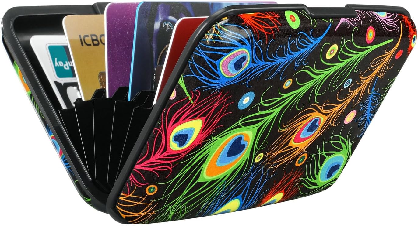 ELFISH Mini RFID Aluminum Wallet Credit Cards Holder Business Card Case Metal ID Case for Men Women (Feather)