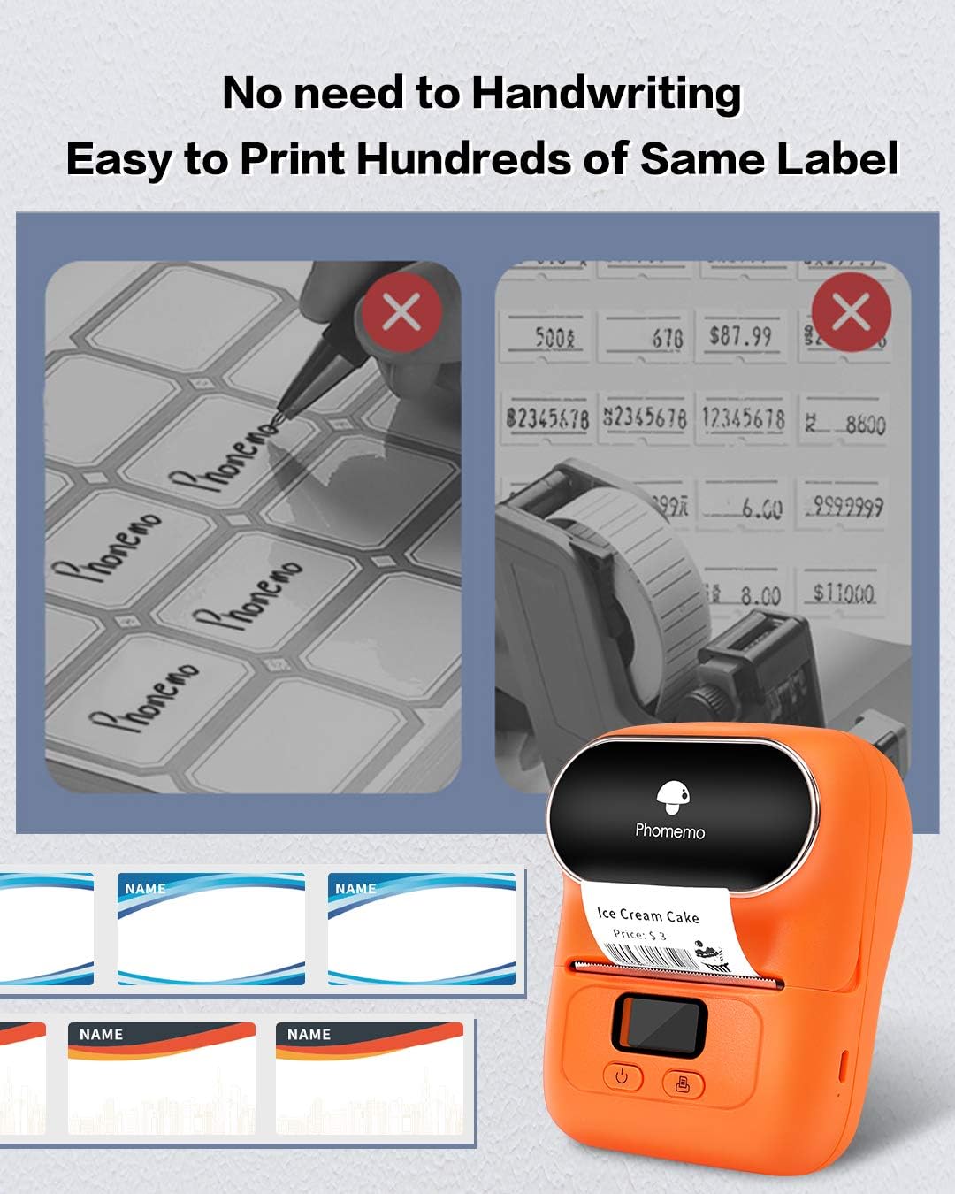 Phomemo M110 Label Maker- Mini Portable Bluetooth Thermal Label Printer for Clear Label, Barcode, Clothing, Office, Business, Compatible with Android & iOS, Orange
