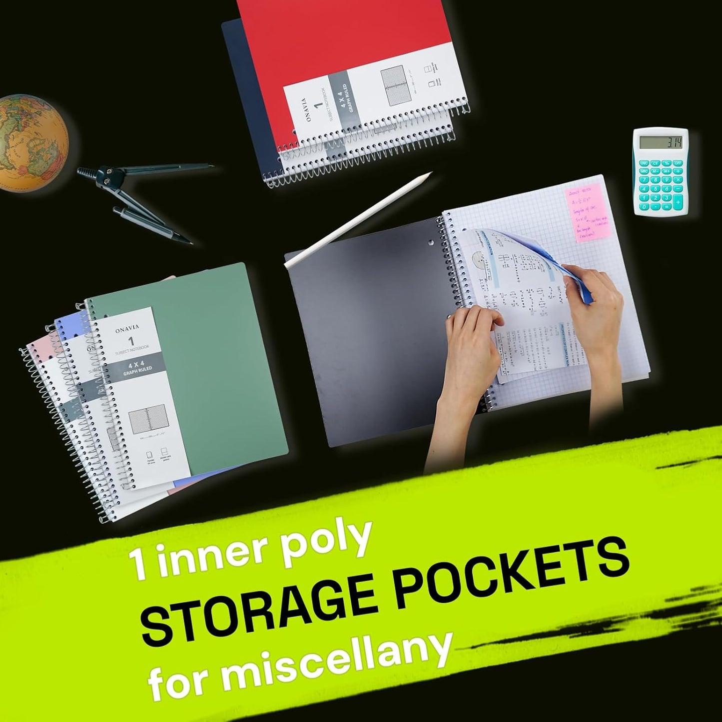 Spiral Notebook for School 3 Pack, 1 Subject, 4x4 Graph Ruled Paper, 100 Sheets, 9" x 11", 1 Divider with Pocket, 3 Hole Punched,Plastic Cover, 1/4" Grid Graphing Note Book Bulk,Cornflower Blue