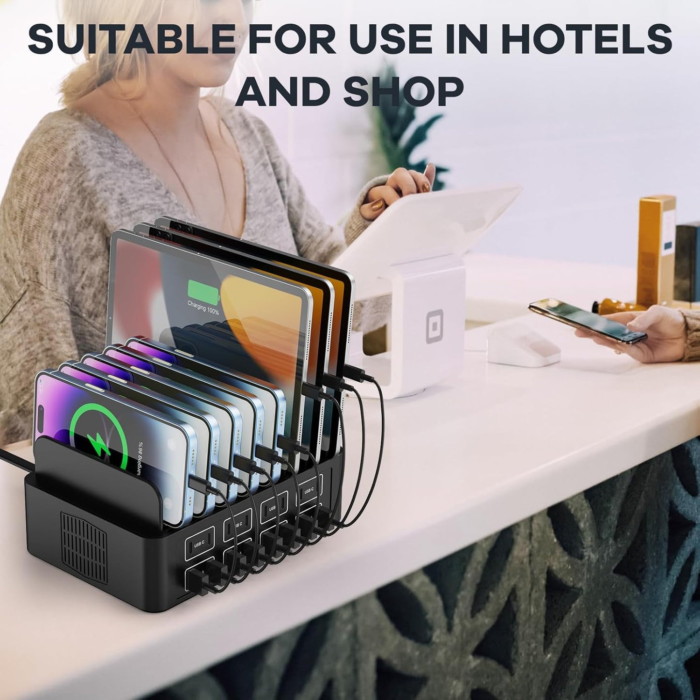 150W/35A Charging Station for Multiple Devices, RUANSZZ 16 Port USB~C Fast Charging Station, Multiple Charger Organizer Compatible with Cell Phone, iPad, Kindle, Tablet and Other Electronic