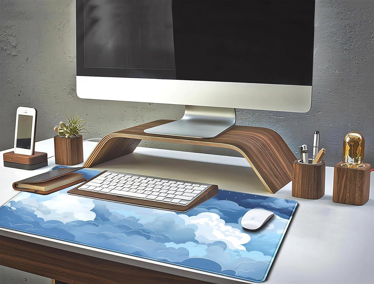 Aesthetic Blue and White Puffy Clouds Desk Mat, XXL Large Kawaii Blue Extended Gaming Mouse Pad with Stitched Edges, Cute Big Laptop Keyboard and Mouse Mat for Women Office Decor Mat 31.5x15.7 in