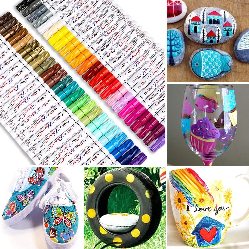 Overseas 54 Colors Paint Pens, Oil Based Assorted Colors Permanent Markers - Medium Tip, Quick Dry, Waterproof Paint Markers for Metal, Wood, Plastic, Rock, Stone, Canvas, Glass, Rubber, Leather