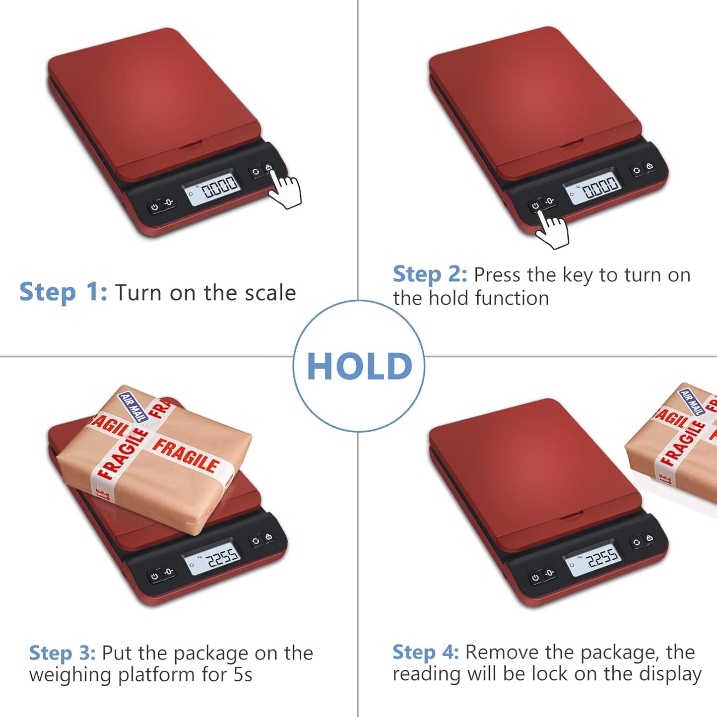 QP Shipping Scale, 86lb/0.1oz Digital Scale for Packages, Postal Scale with Hold/Tare Function, Back-lit LCD Display, Flip-up Holder, Shipping Scale for Small Business, Battery & Tape Measure Included