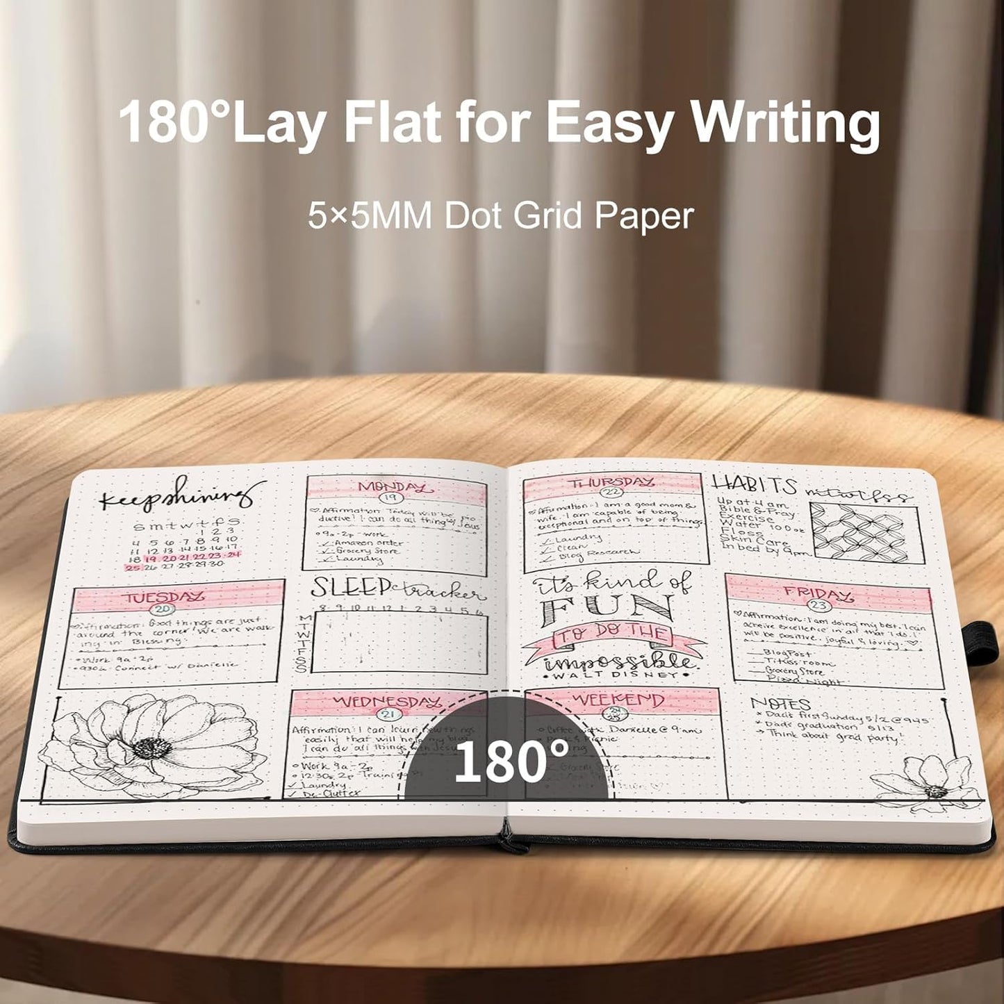 AHGXG Bullet Dotted Journal - Dot Grid Notebook Journal, 120 GSM Thick Acid-Free Paper, A5 Dotted Notebook 160 Pages, Leather Hardcover, Inner Pocket, Journal Stencil, 5.7'' × 8.3'' - Black