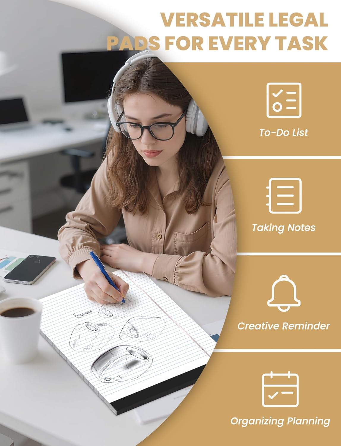 12 Pack White Legal Pads 8.5 x 11 College Ruled, 30 Sheets Per Note Pads 8.5 x 11, Perforated White Lined Paper Pads 8.5 x 11, Writing Pads with Sturdy Backing, Legal Notepads for School, Office, Home