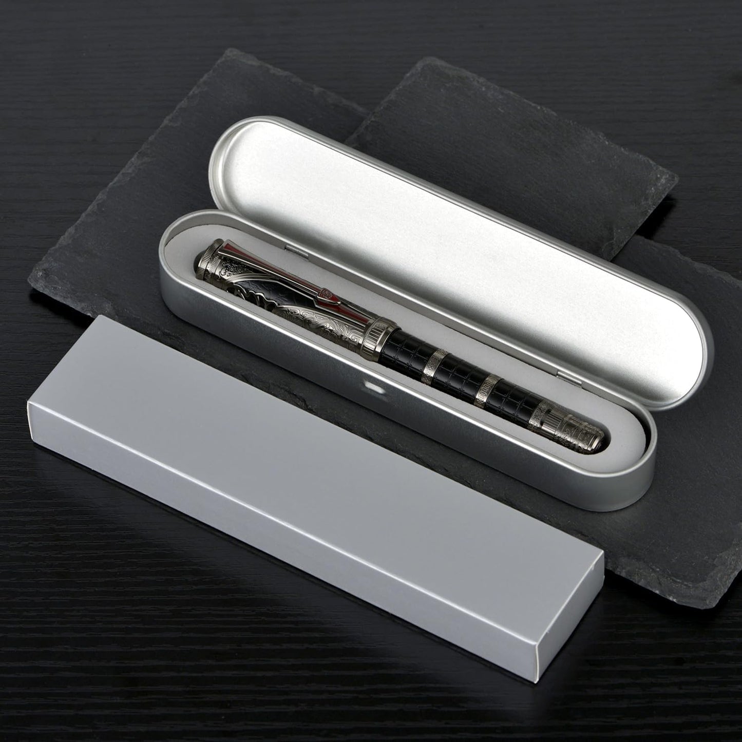 Hongdian D5X Fountain Pen Extra Fine Nib Black Color, Qin Dynasty Retro Chinese Totem Engraving Smooth Writing Pen with Converter and Pen Box Set