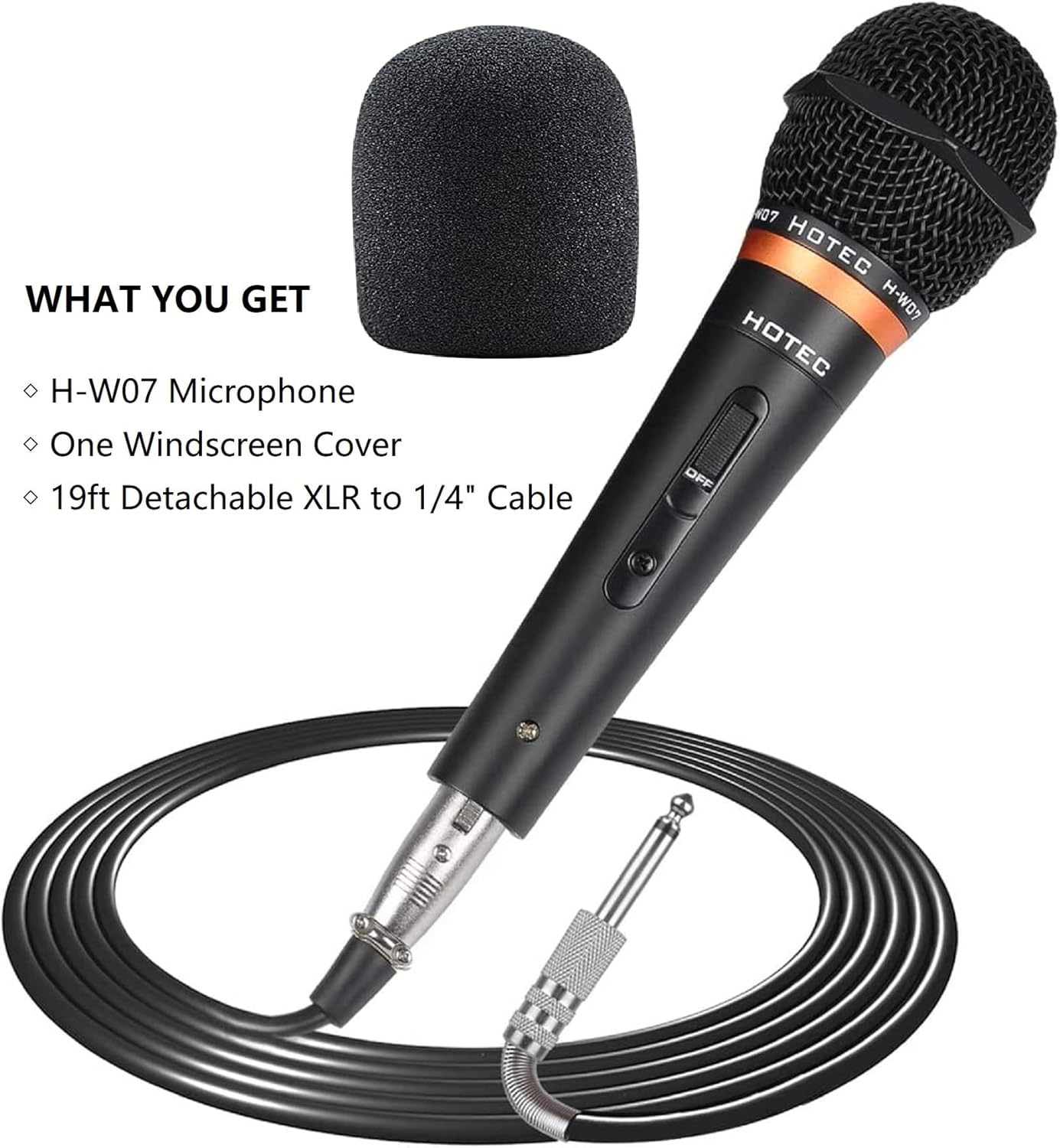 HOTEC Premium Vocal Dynamic Handheld Microphone with 19ft Detachable XLR Cable and ON/Off Switch (Metal Black) (H-W07)