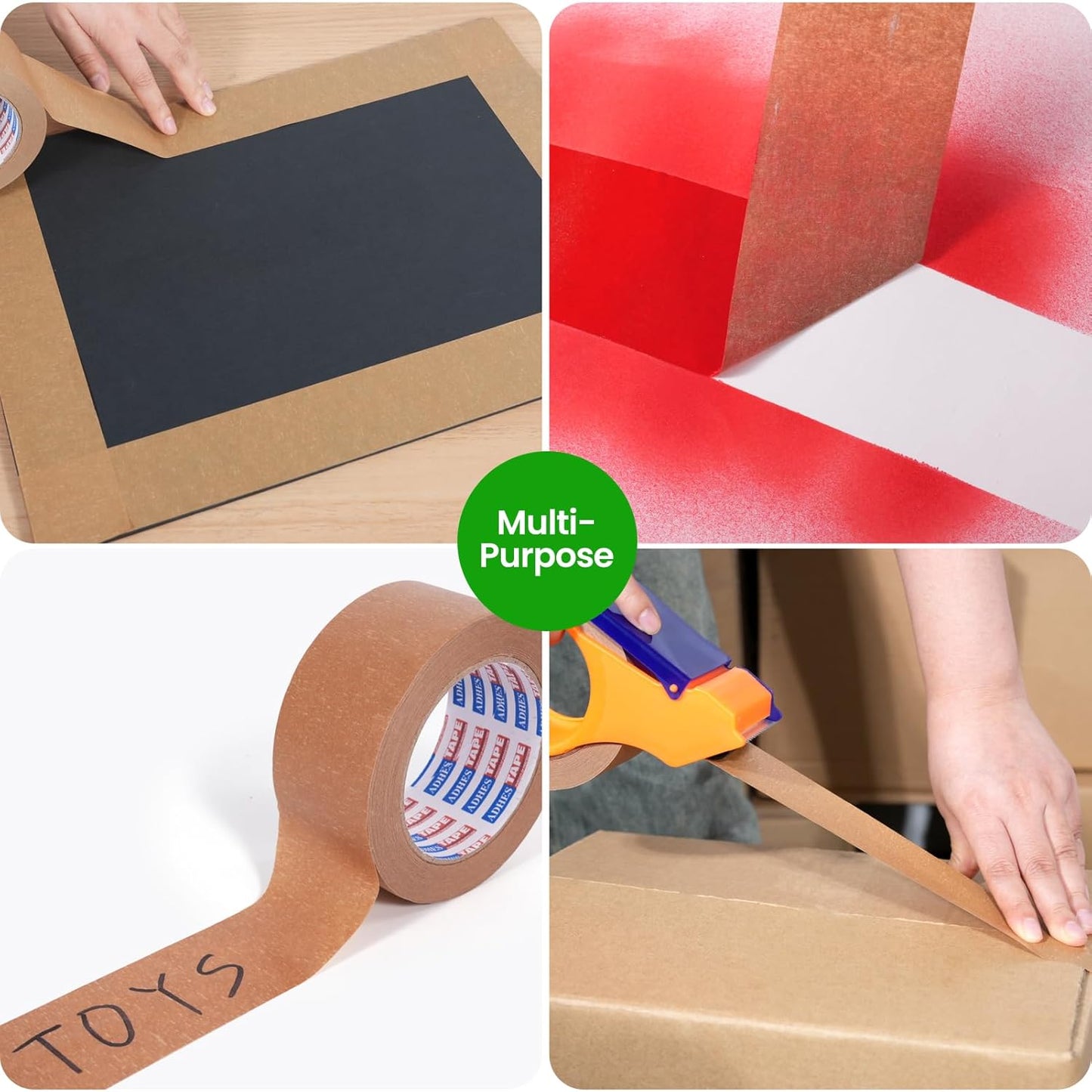 ADHES Kraft Paper Tape, 2 Inch x 60 Yards x 12 Rolls, Biodegradable Paper Packing Tape Writable & Uncoated Brown Shipping Tape for Shipping, Moving, Sealing